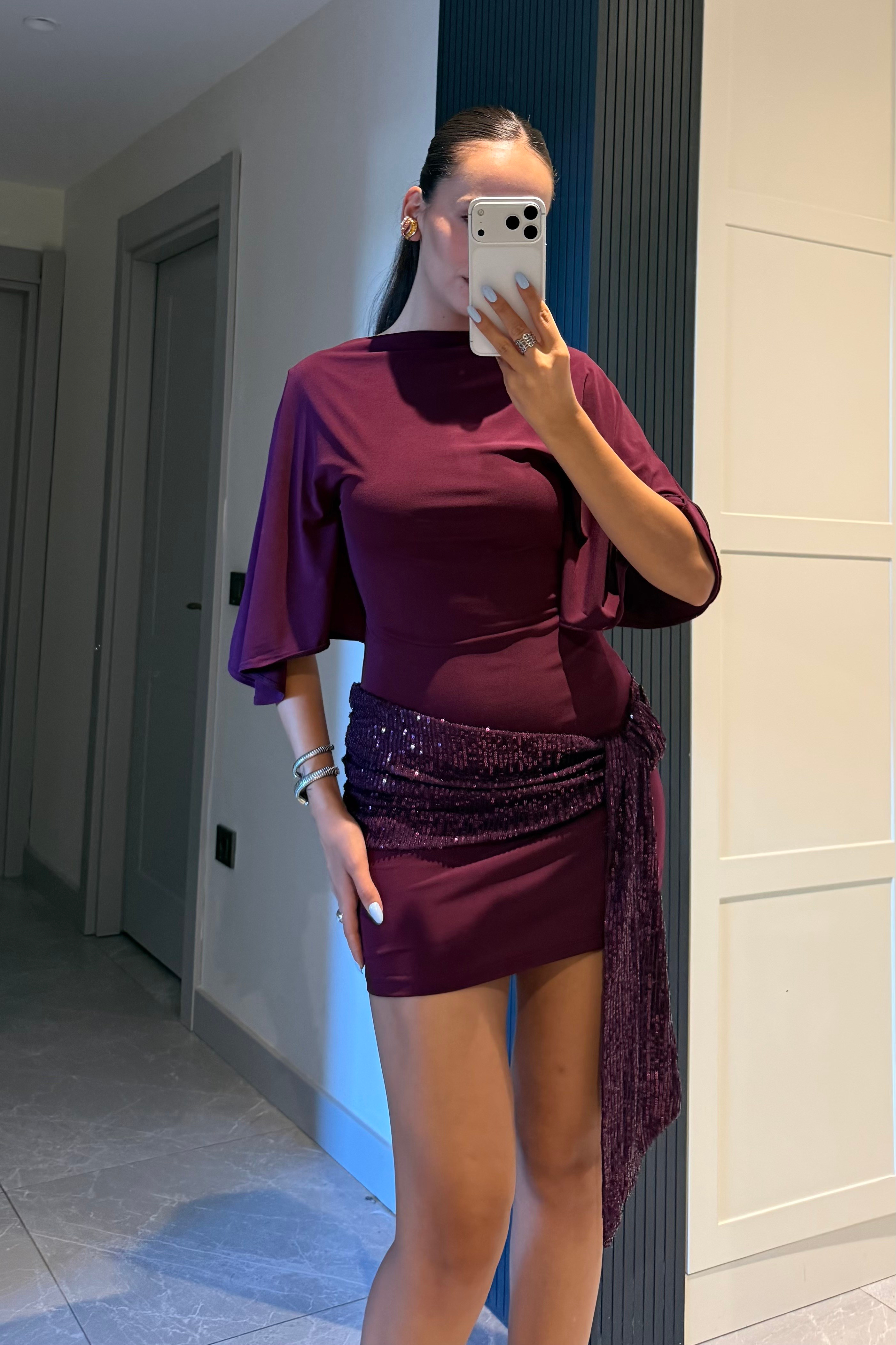 Mürdüm Kontrast Pullu Mini Elbise - Kadın Elbise Modelleri - Nazliye Moda | Kadın Giyim Modası