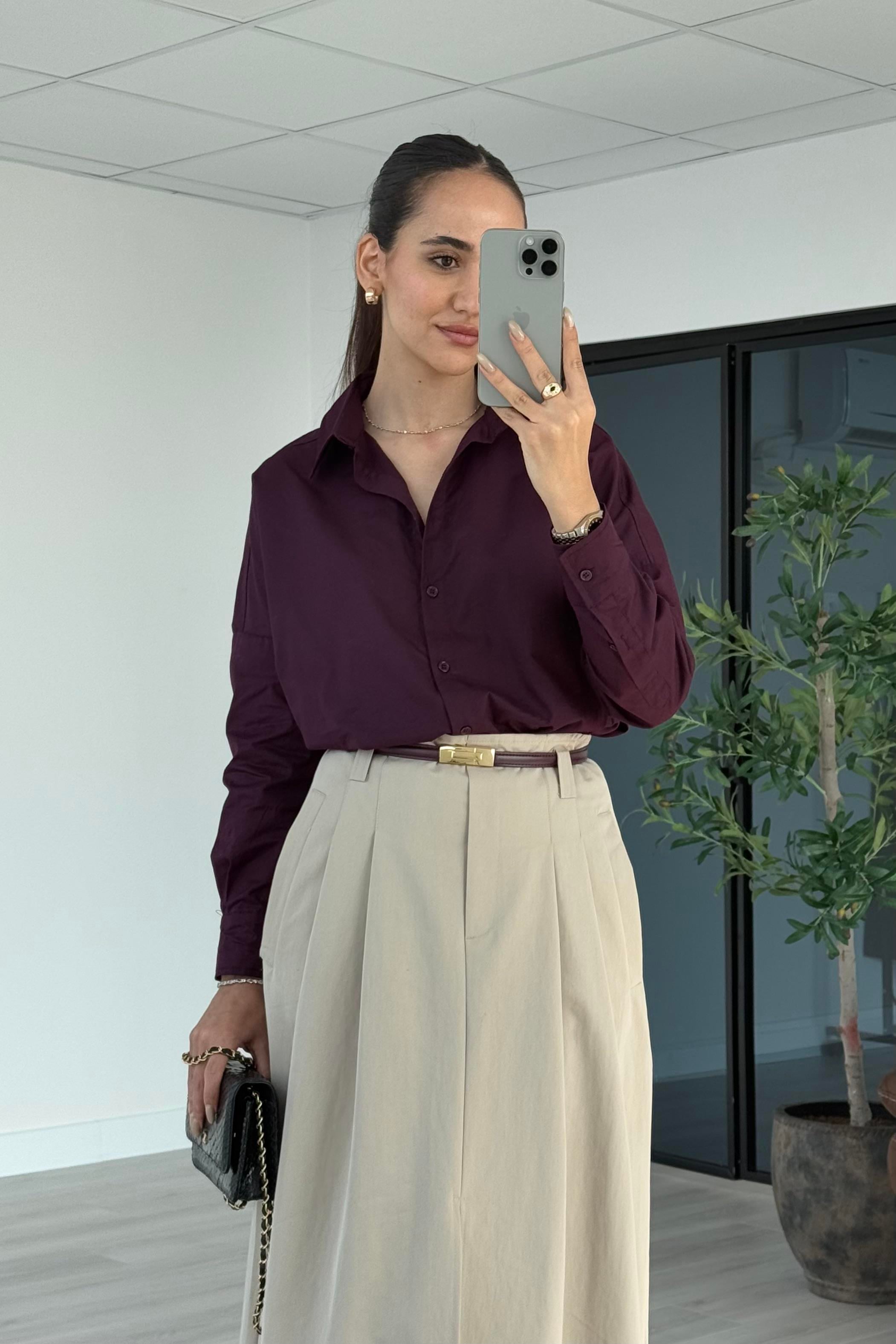 Mürdüm Poplin Gömlek - Kadın Gömlek Modelleri - Nazliye Moda | Kadın Giyim Modası