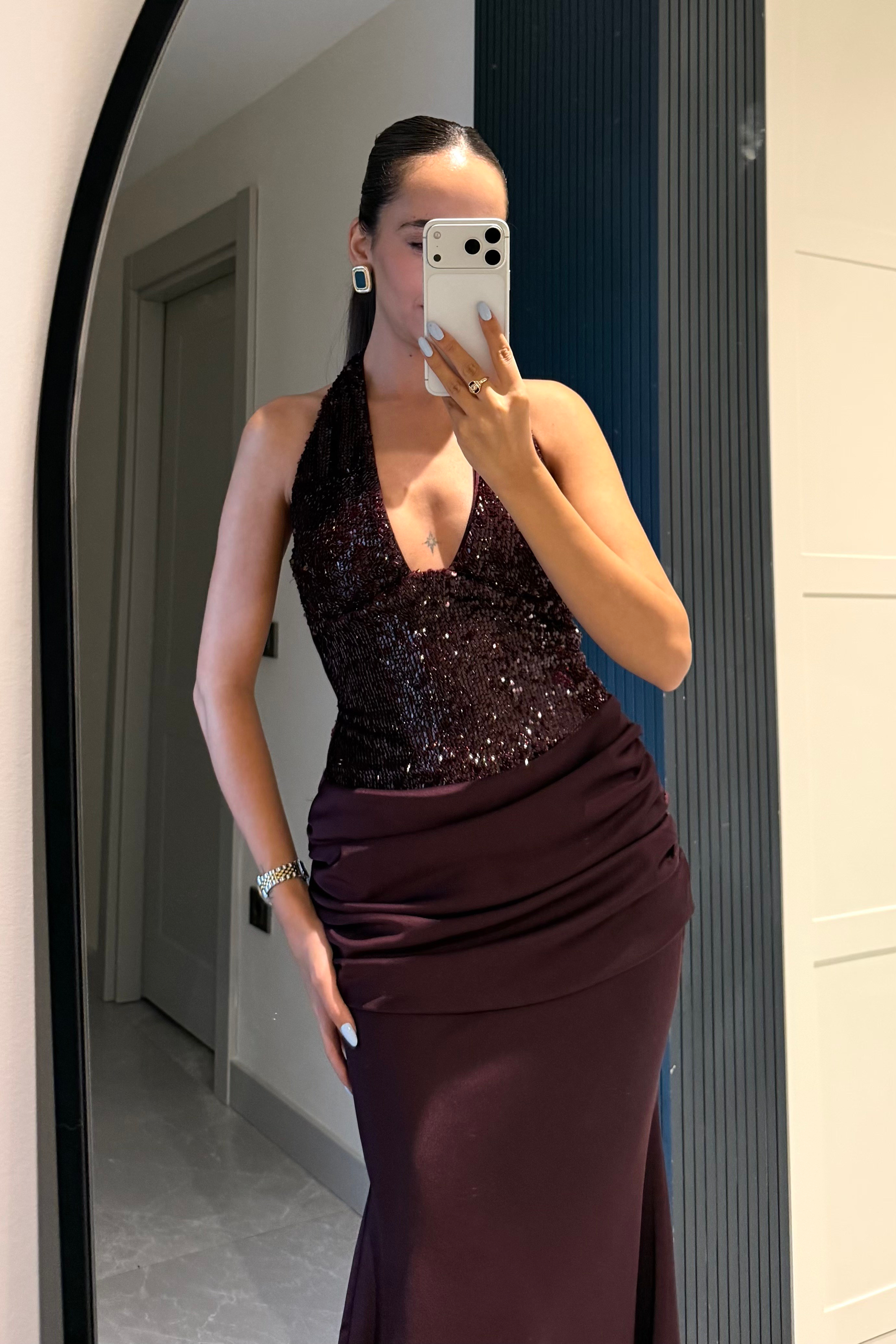 Mürdüm Premium Payetli Saten Uzun Elbise - Kadın Elbise Modelleri - Nazliye Moda | Kadın Giyim Modası