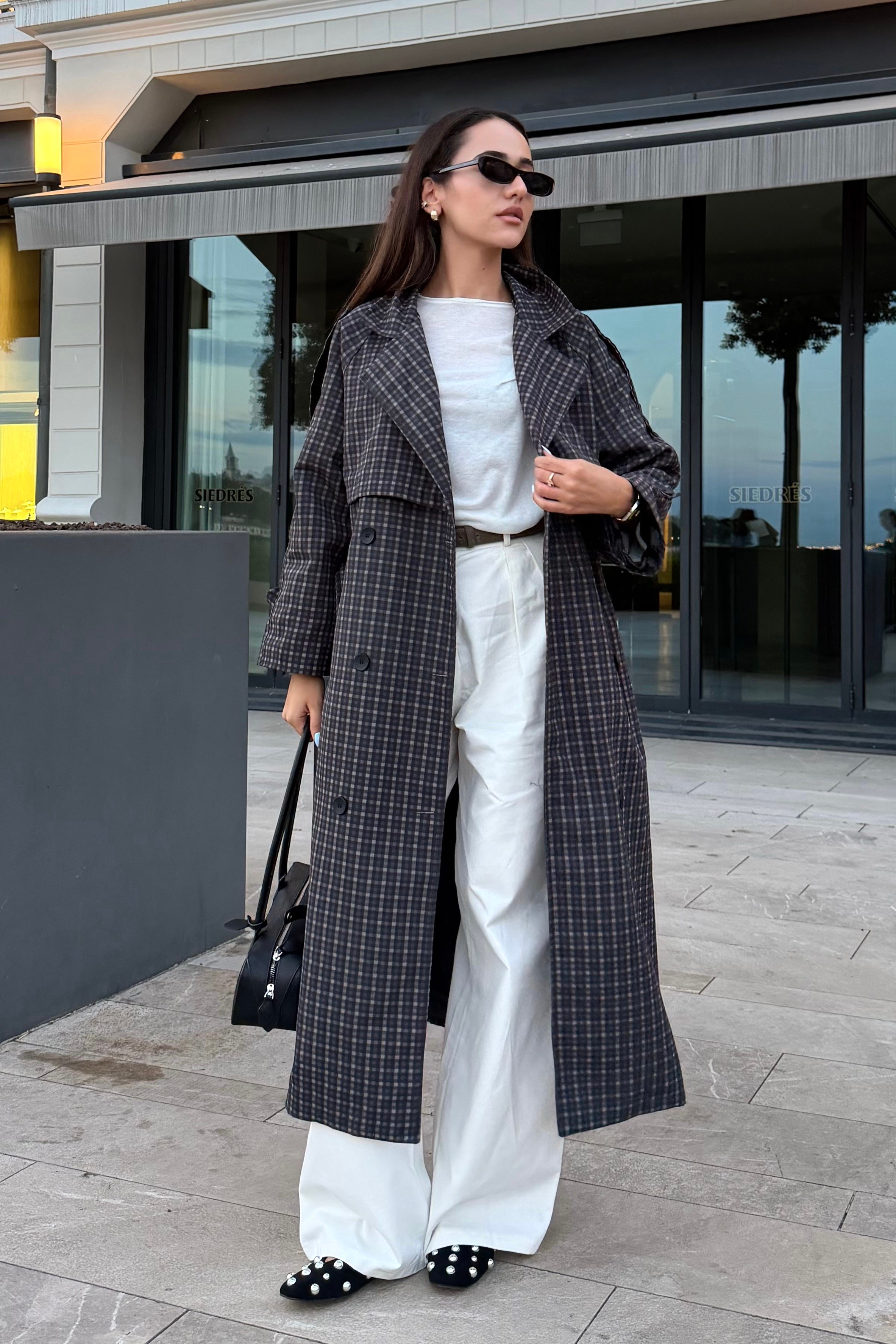 Oversize Ekose Beli Kuşaklı Trençkot - Kadın Trench Coats Modelleri - Nazliye Moda | Kadın Giyim Modası