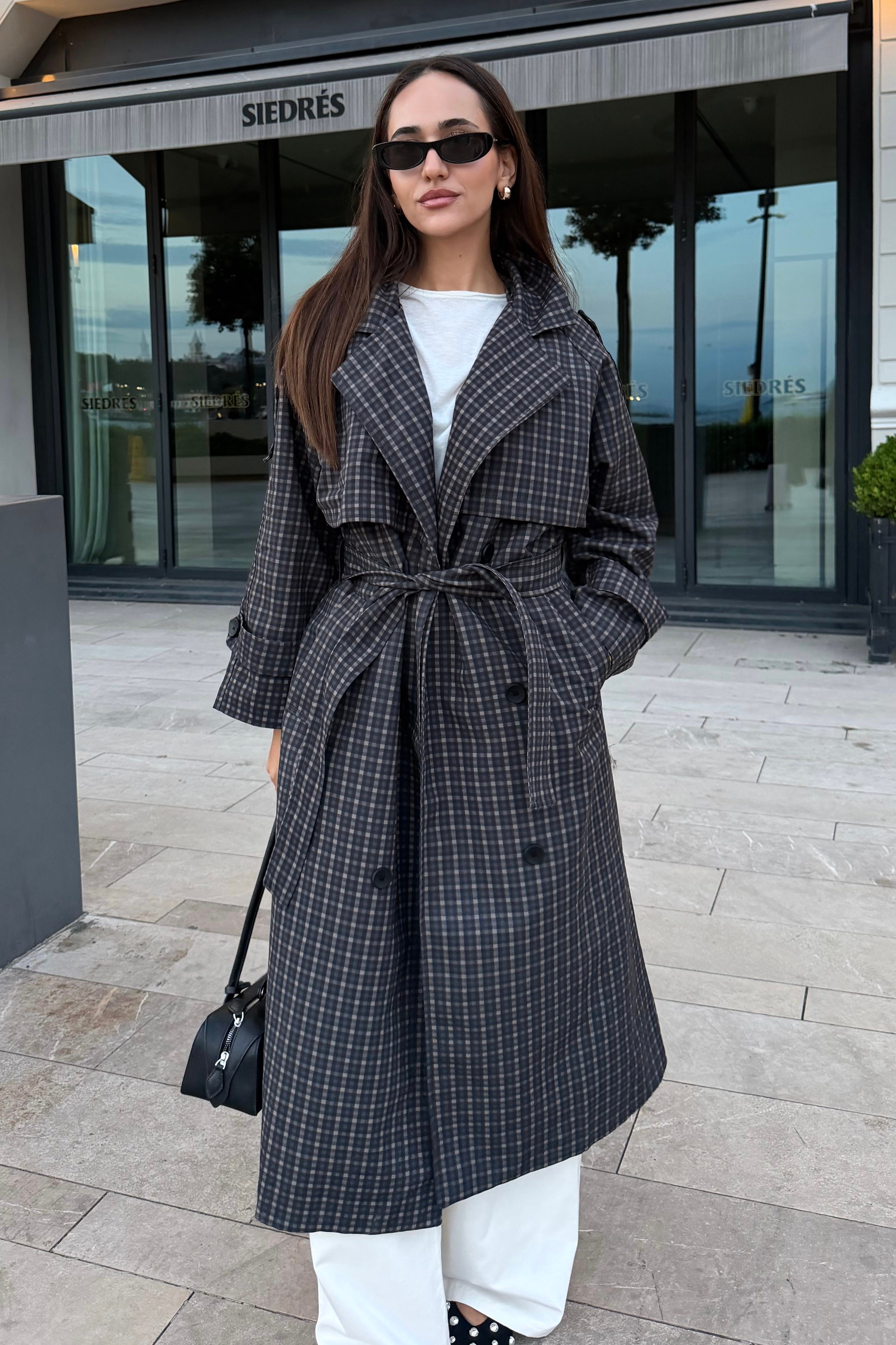 Oversize Ekose Beli Kuşaklı Trençkot - Kadın Trench Coats Modelleri - Nazliye Moda | Kadın Giyim Modası