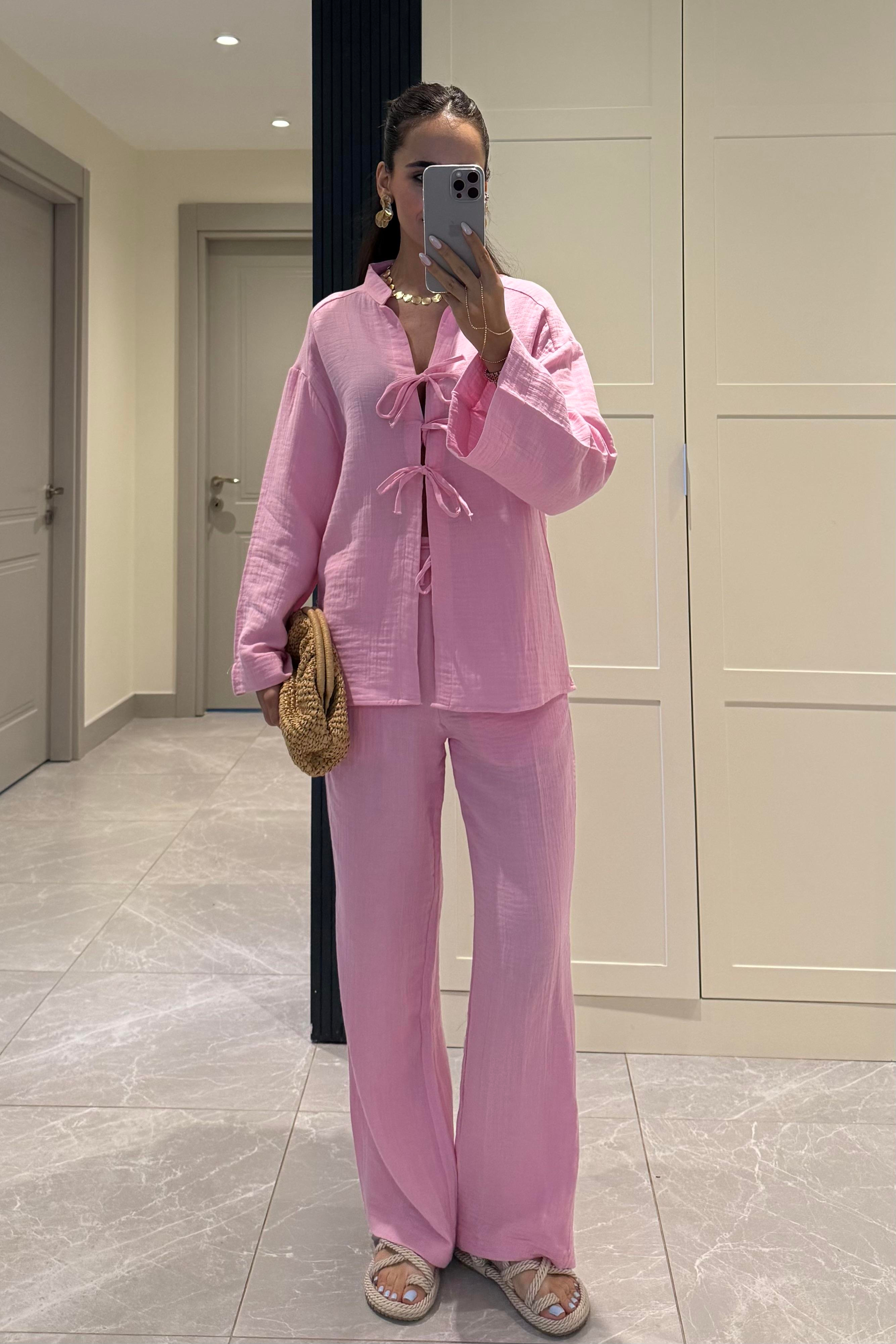 Pembe Bağlama Detaylı Müslin Takım - Kadın Takım Modelleri - Nazliye Moda | Kadın Giyim Modası