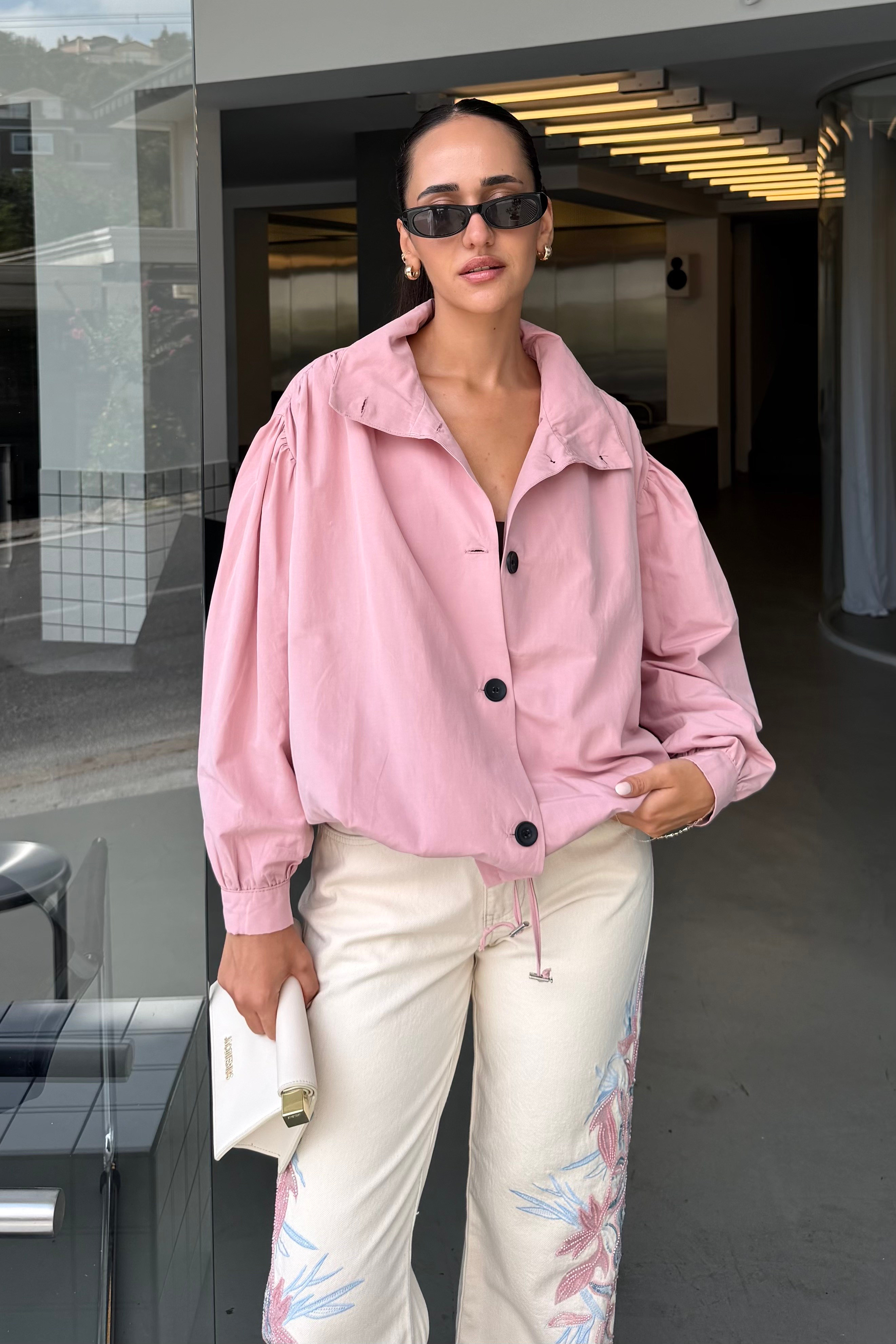 Pembe Dik Yaka Bomber Ceket - Kadın Ceket Modelleri - Nazliye Moda | Kadın Giyim Modası