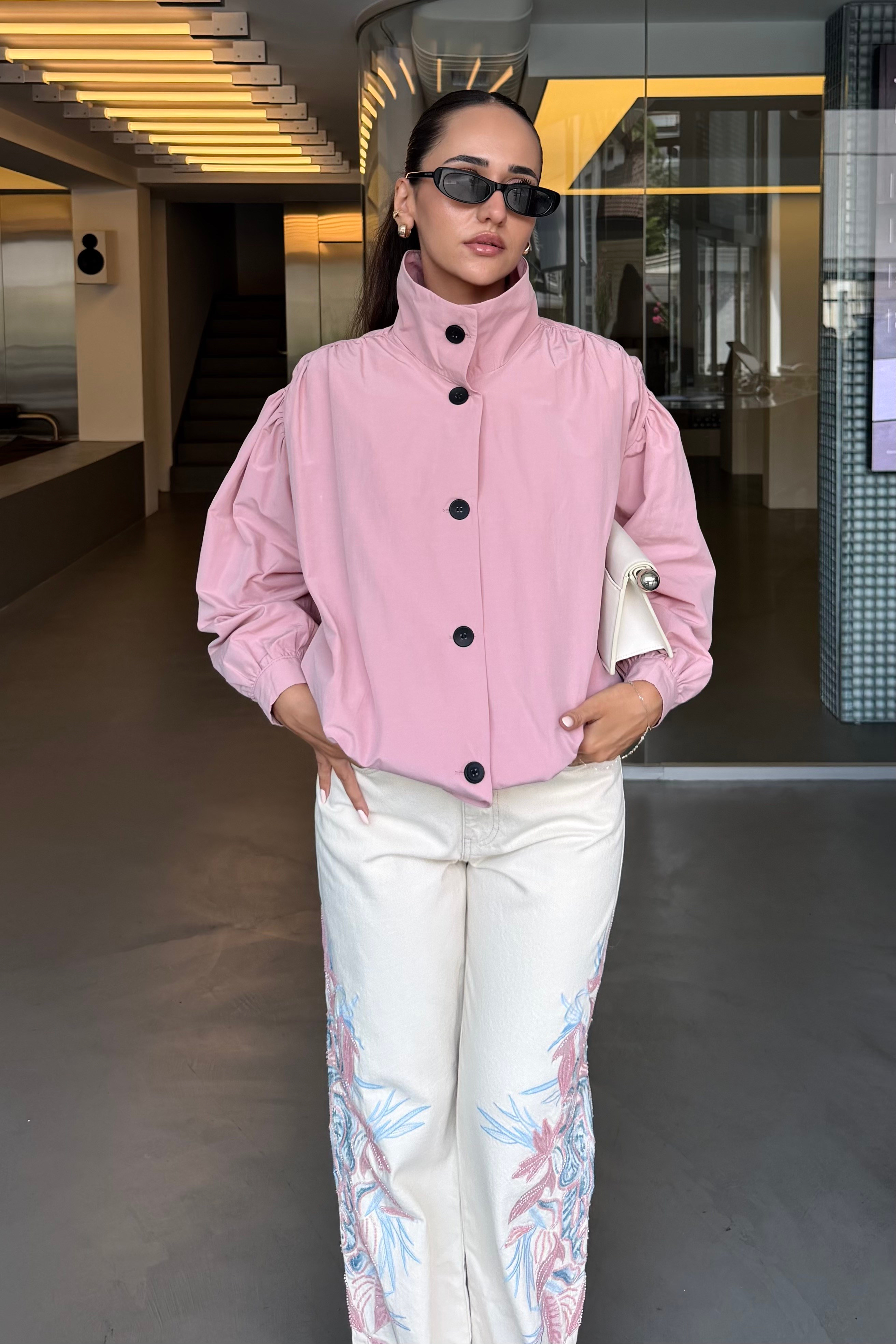 Pembe Dik Yaka Bomber Ceket - Kadın Ceket Modelleri - Nazliye Moda | Kadın Giyim Modası