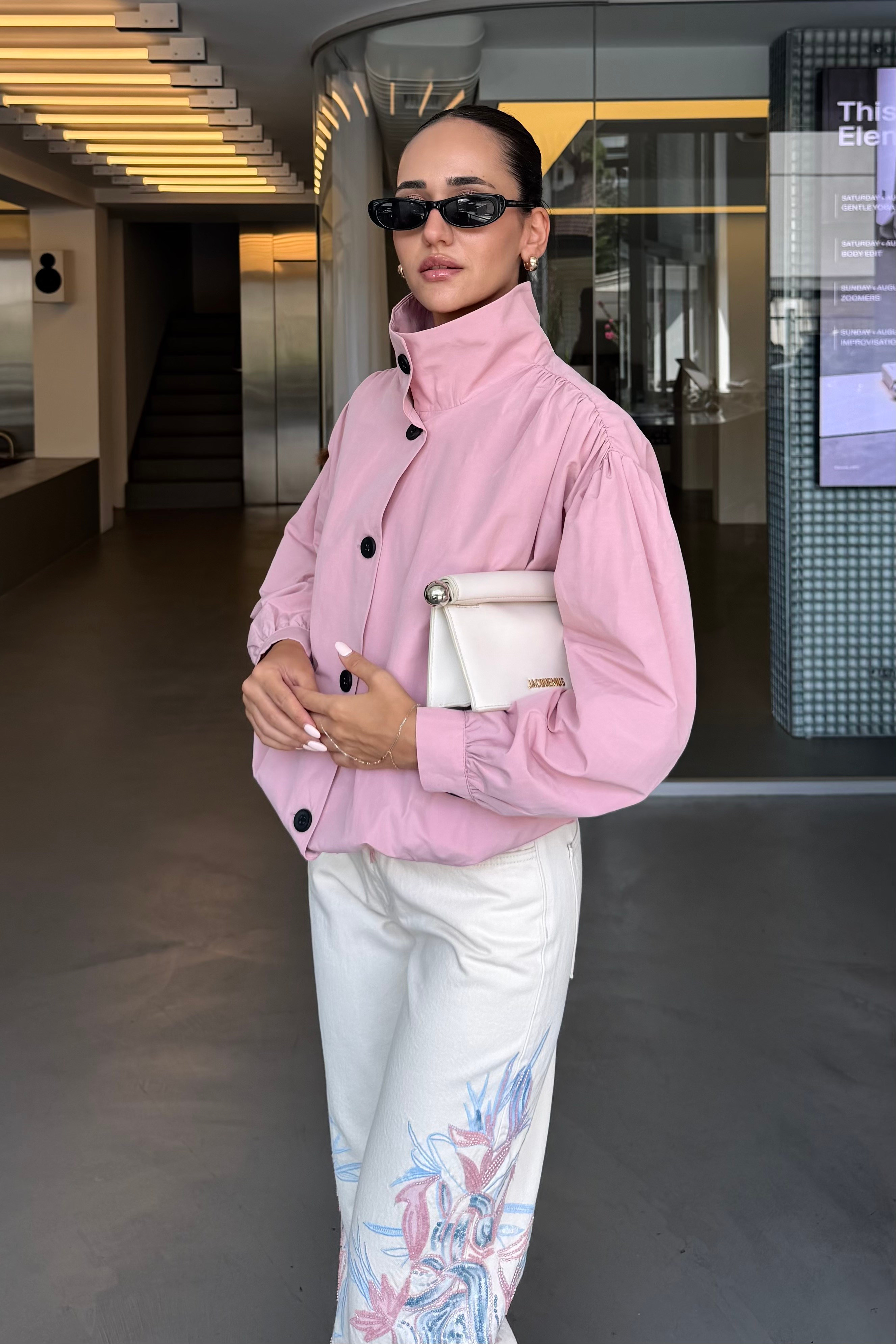 Pembe Dik Yaka Bomber Ceket - Kadın Ceket Modelleri - Nazliye Moda | Kadın Giyim Modası