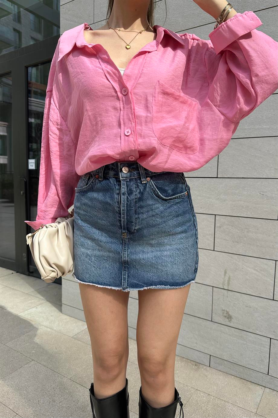 Pembe Düşük Omuz Oversize Gömlek - Kadın Gömlek Modelleri - Nazliye Moda | Kadın Giyim Modası