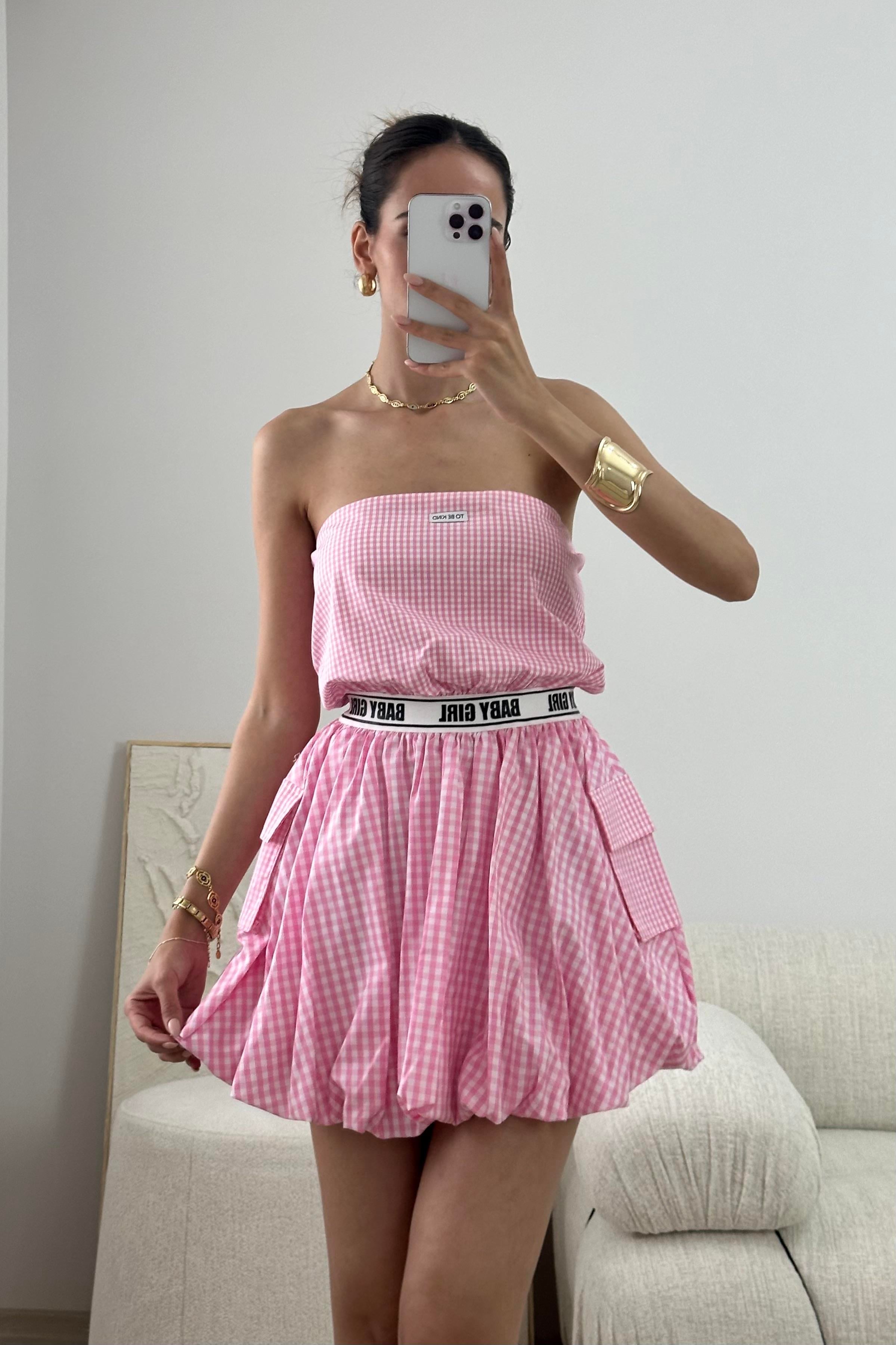 Pembe Volanlı Straplez Mini Elbise - Kadın Dresses Modelleri - Nazliye Moda - Kadın Giyim Modası
