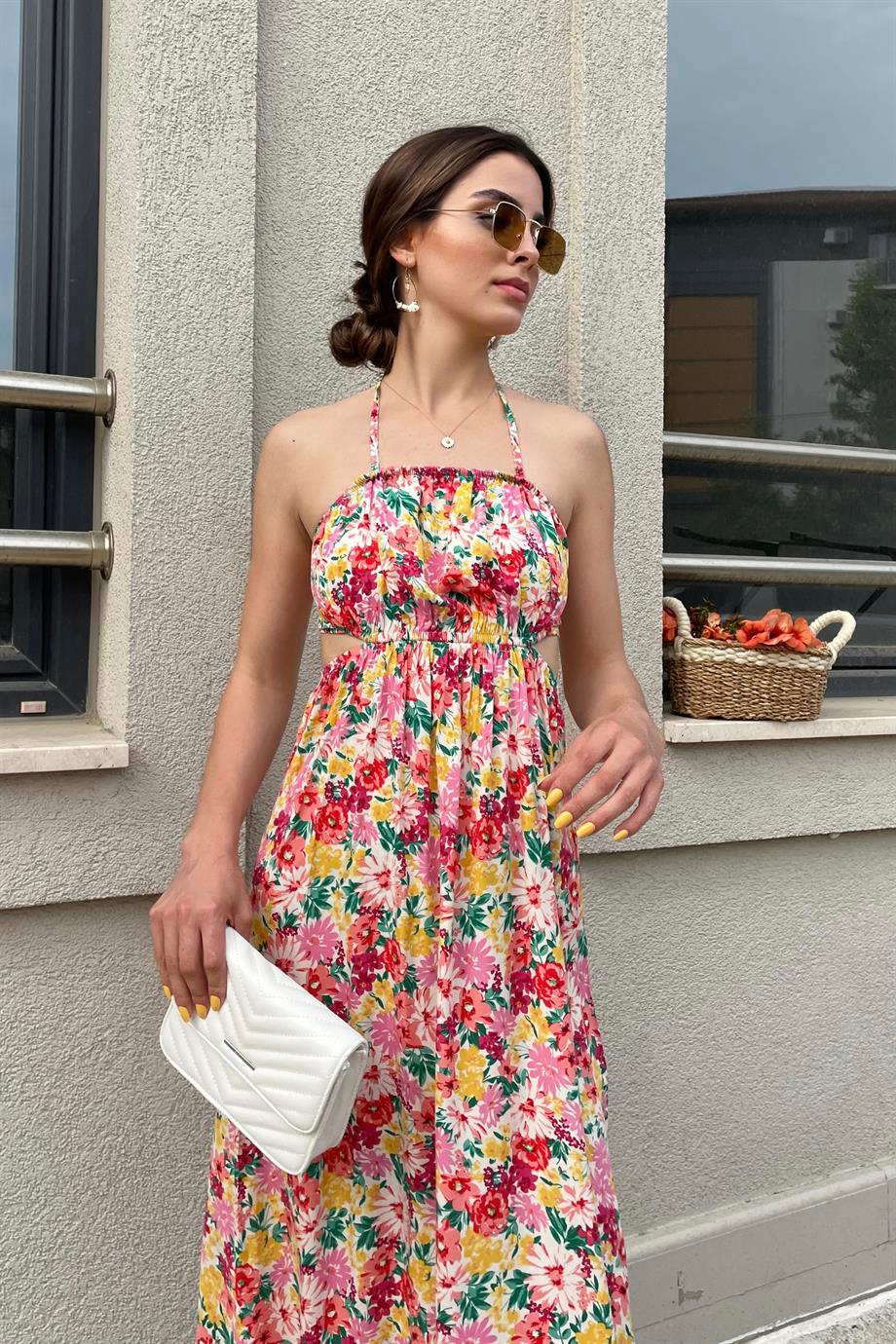 Renkli Çiçek Baskı Sırt Dekolte Uzun Elbise - Kadın Elbise Modelleri - Nazliye Moda | Kadın Giyim Modası