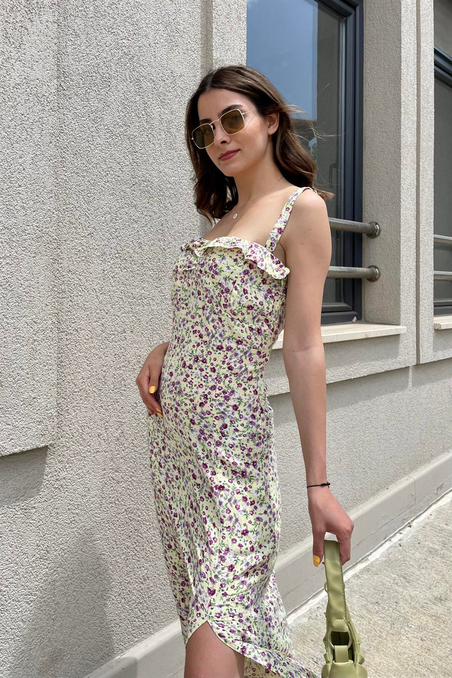 Sarı Çiçek Desenli Uzun Elbise - Kadın Elbise Modelleri - Nazliye Moda | Kadın Giyim Modası