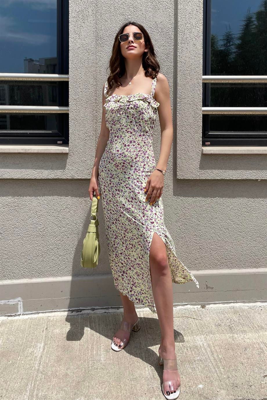 Sarı Çiçek Desenli Uzun Elbise - Kadın Elbise Modelleri - Nazliye Moda | Kadın Giyim Modası