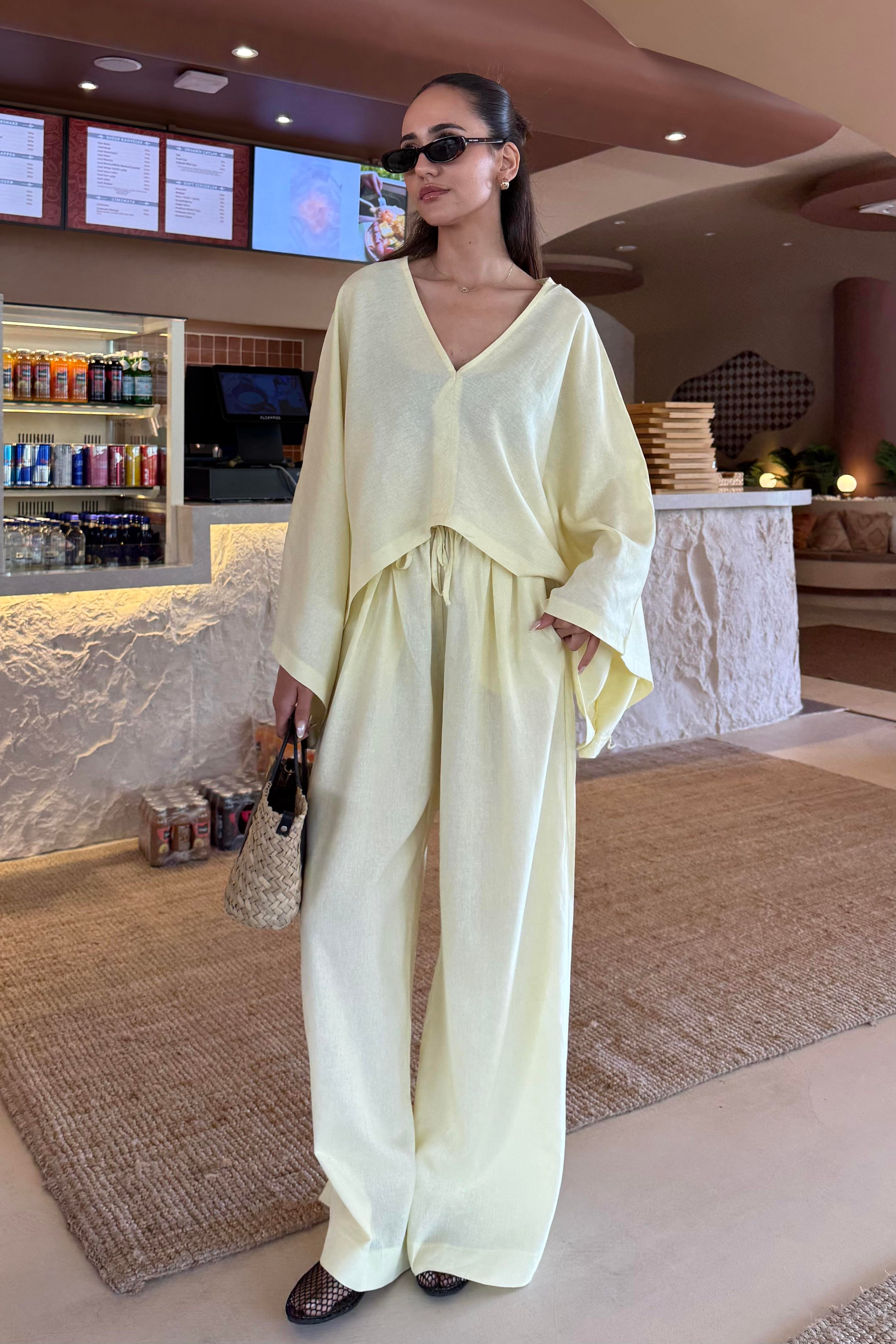 Sarı Panço Detay Premium Keten Takım - Kadın ALT ÜST TAKIM Modelleri - Nazliye Moda | Kadın Giyim Modası