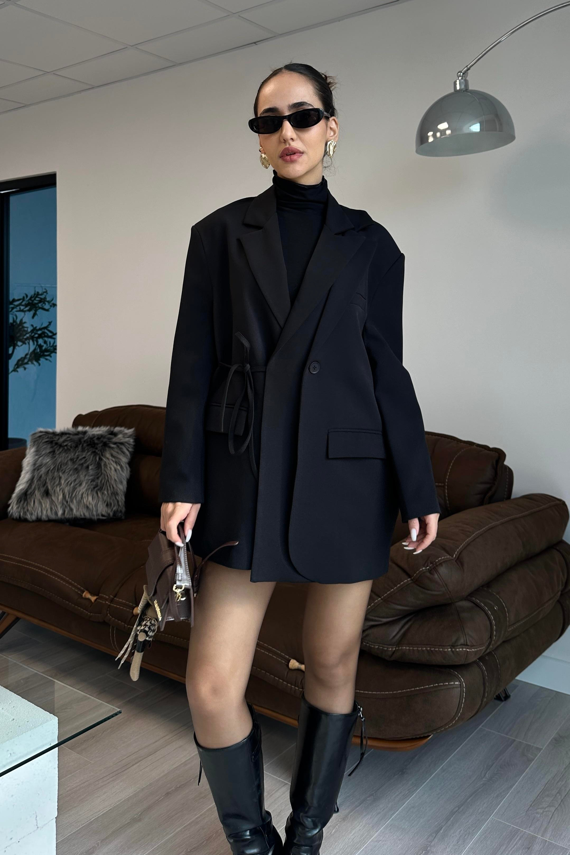 Siyah Bağlama Detay Blazer Ceket - Kadın Blazer Jackets Modelleri - Nazliye Moda | Kadın Giyim Modası