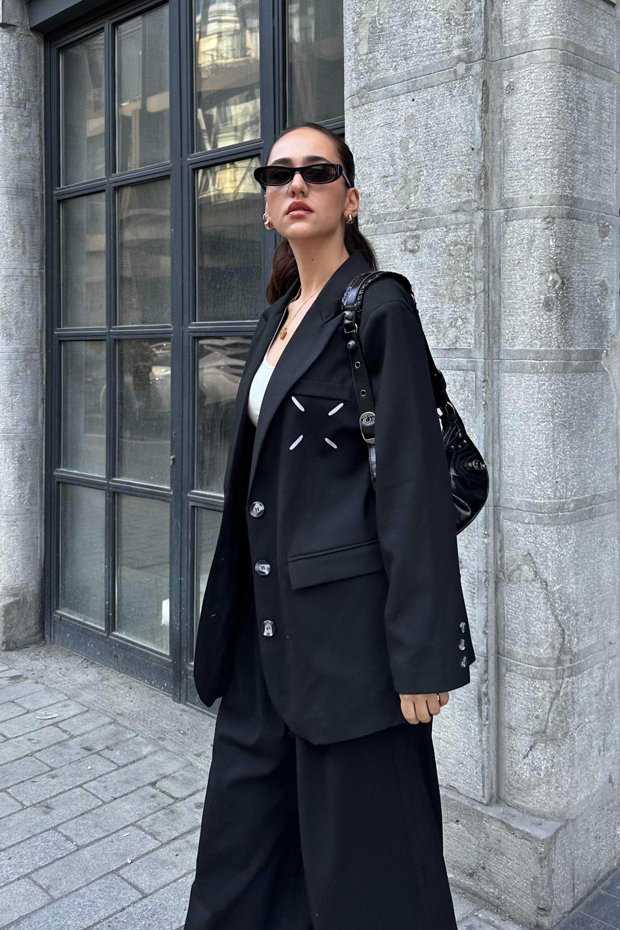 Siyah Baskılı Oversize Blazer Ceket - Kadın Blazer Jackets Modelleri - Nazliye Moda - Kadın Giyim Modası