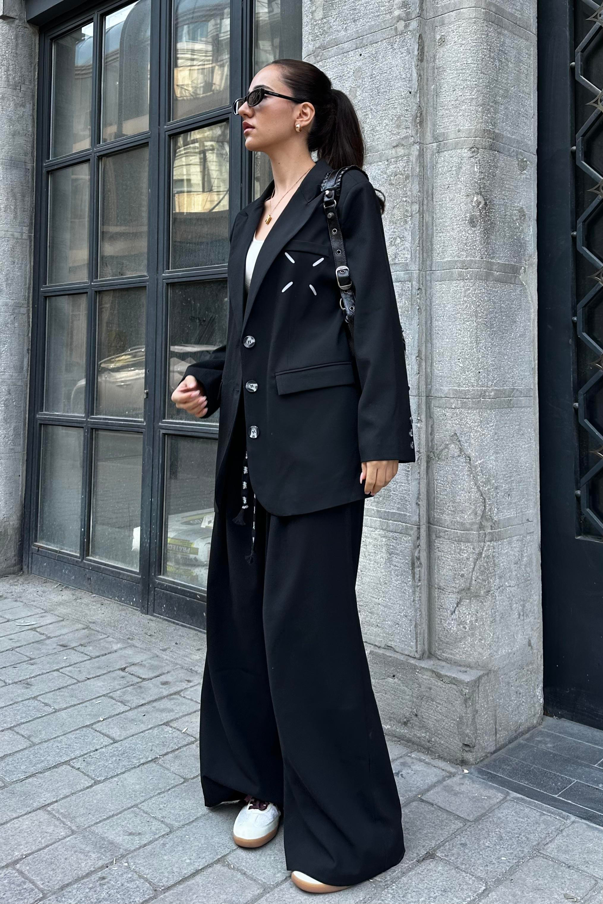 Siyah Baskılı Oversize Blazer Ceket - Kadın Blazer Jackets Modelleri - Nazliye Moda - Kadın Giyim Modası