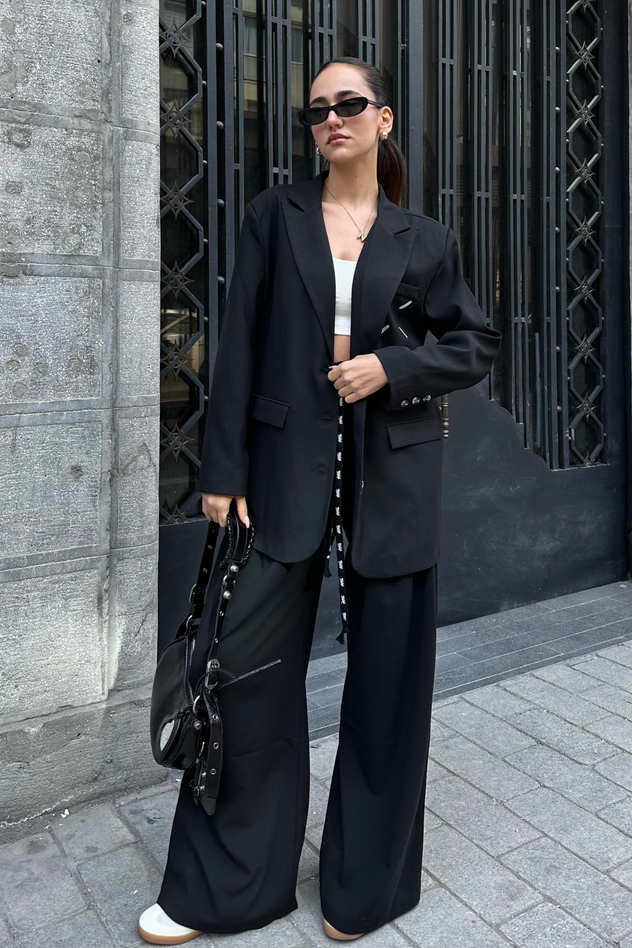 Siyah Baskılı Oversize Blazer Ceket - Kadın Blazer Jackets Modelleri - Nazliye Moda - Kadın Giyim Modası