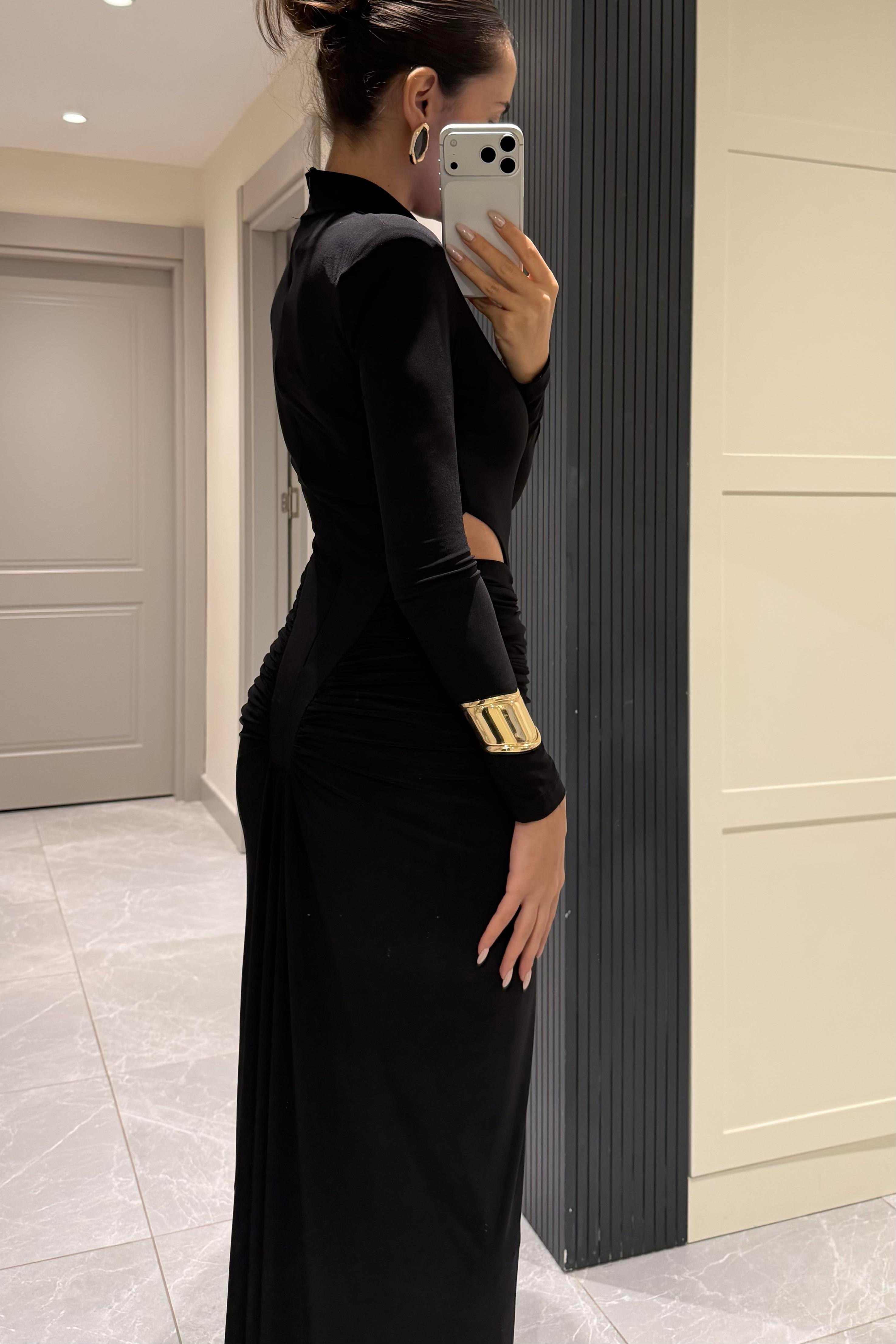 Siyah Bel Dekolteli Drape Uzun Elbise - Kadın Dresses Modelleri - Nazliye Moda | Kadın Giyim Modası