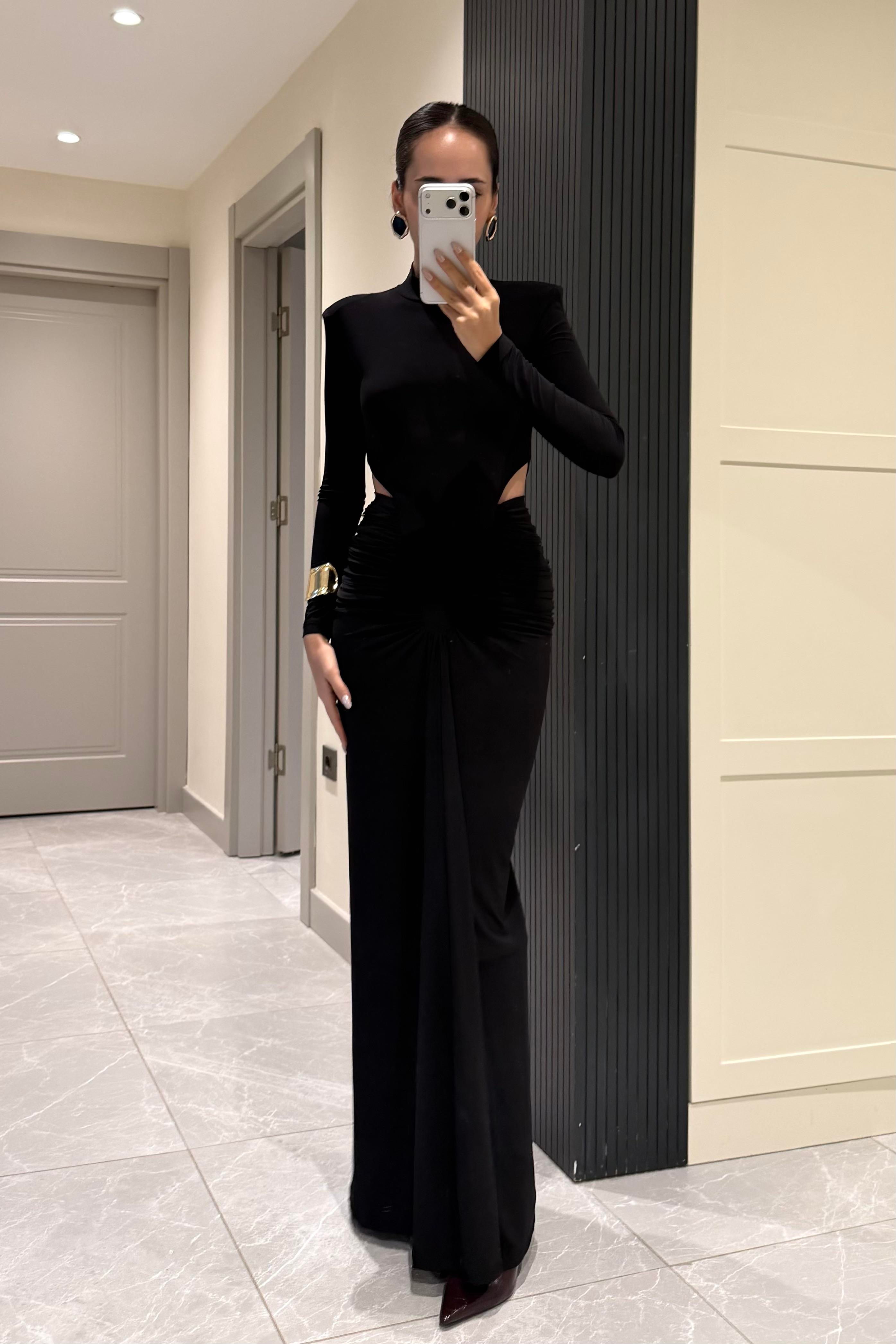 Siyah Bel Dekolteli Drape Uzun Elbise - Kadın Dresses Modelleri - Nazliye Moda | Kadın Giyim Modası