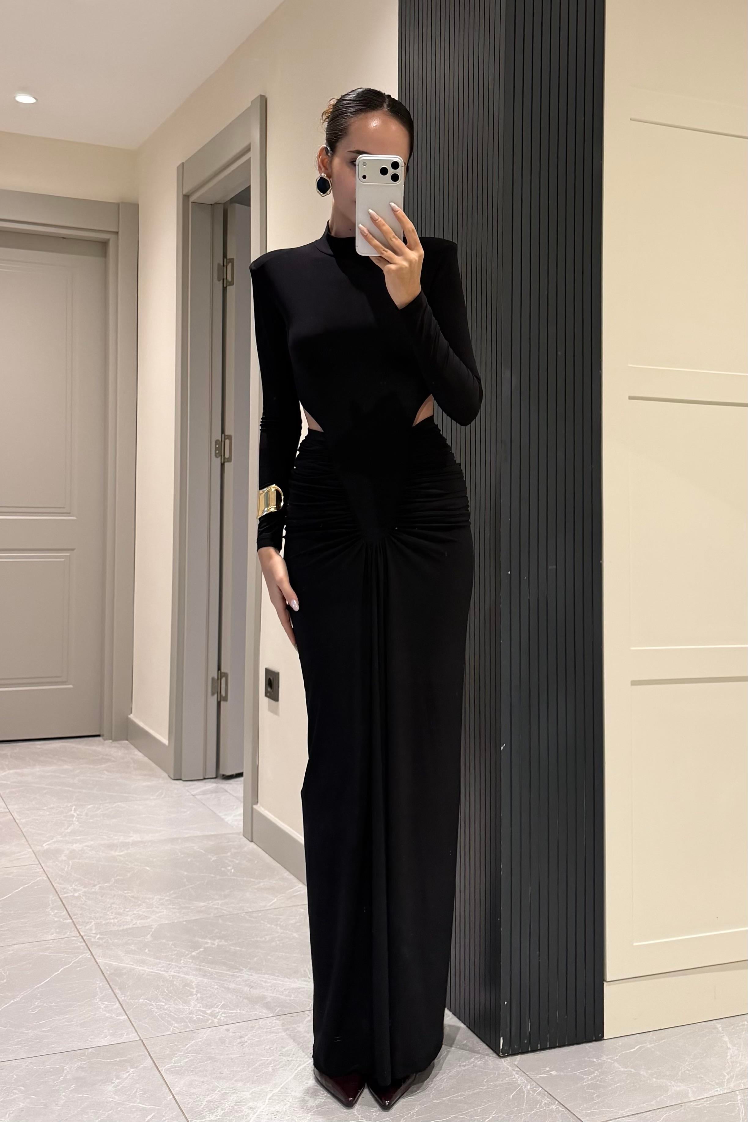 Siyah Bel Dekolteli Drape Uzun Elbise - Kadın Dresses Modelleri - Nazliye Moda | Kadın Giyim Modası