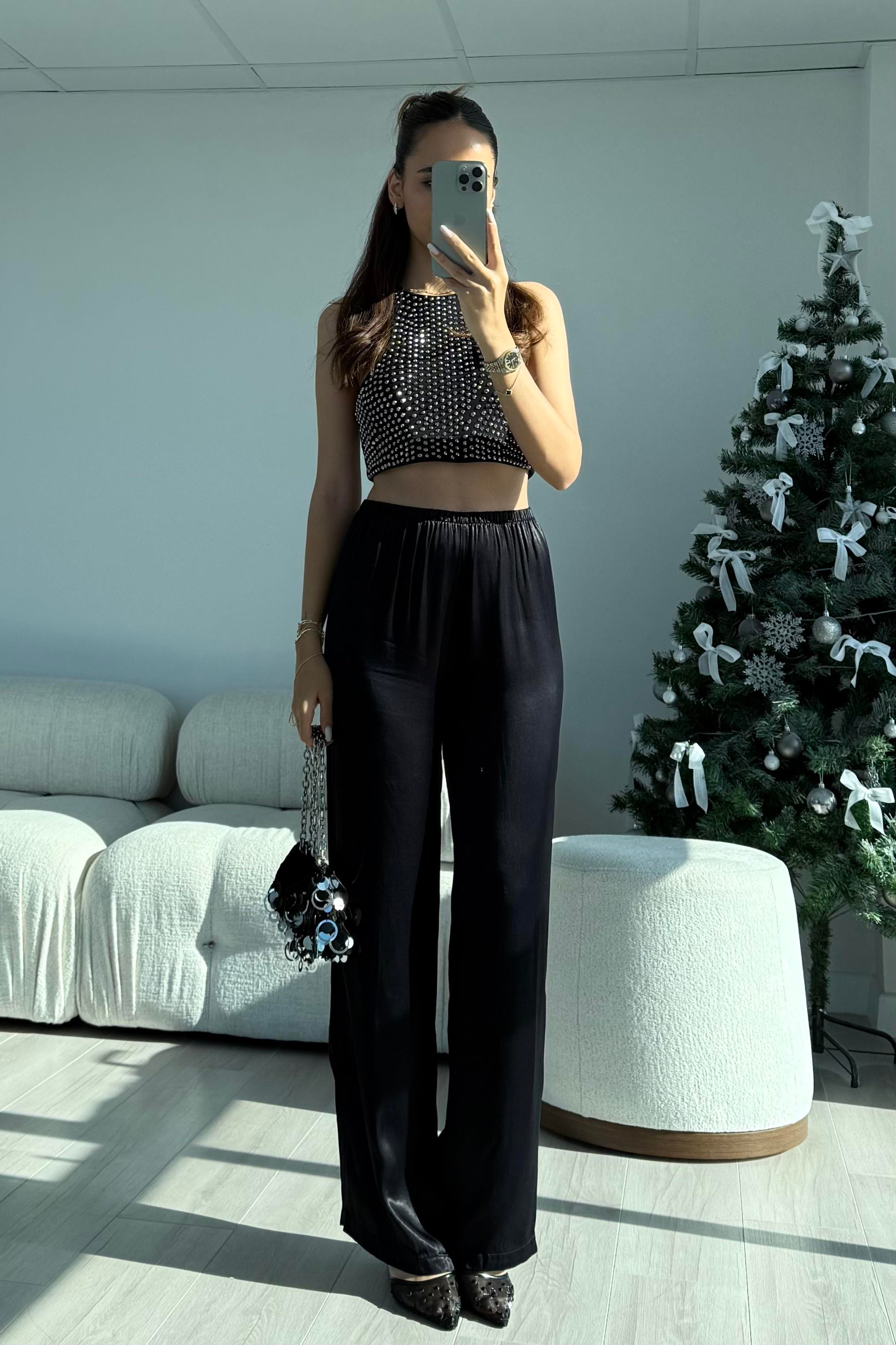 Siyah Beli Lastikli Saten Pantolon - Kadın Trousers Modelleri - Nazliye Moda | Kadın Giyim Modası