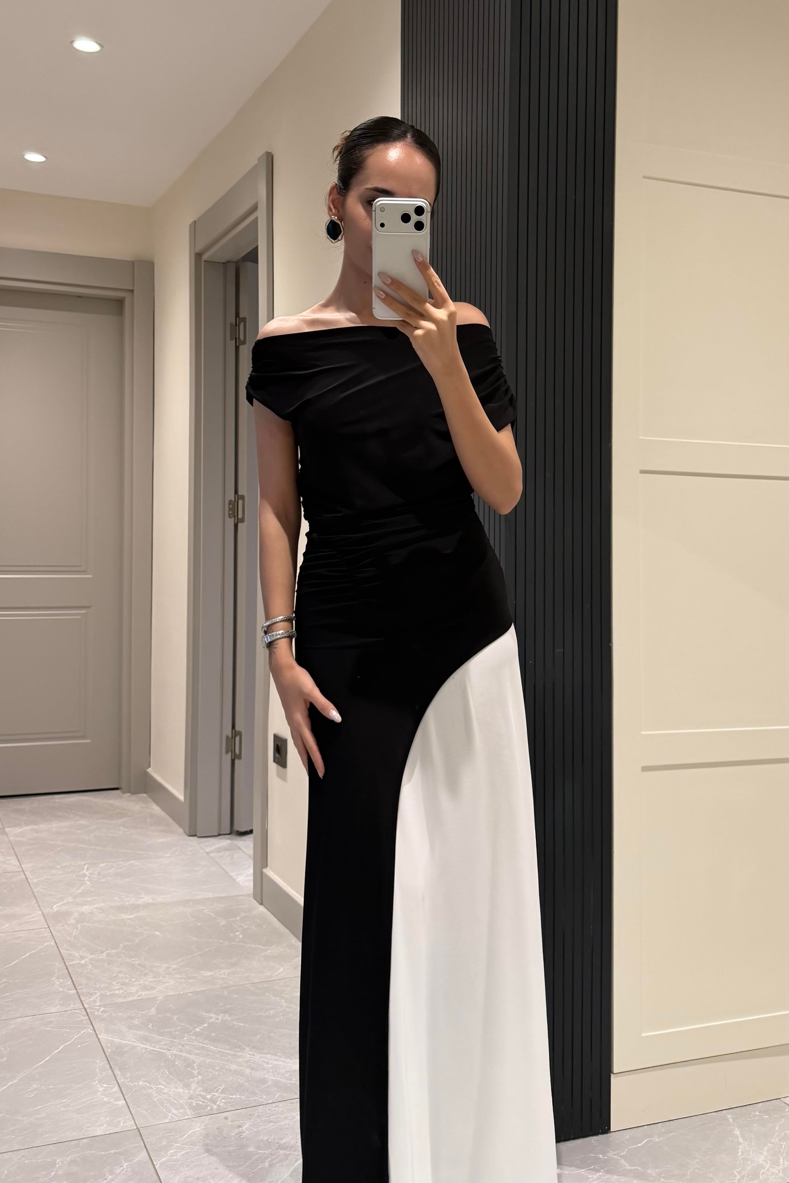 Siyah Beyaz Straplez Uzun Elbise - Kadın Dresses Modelleri - Nazliye Moda | Kadın Giyim Modası