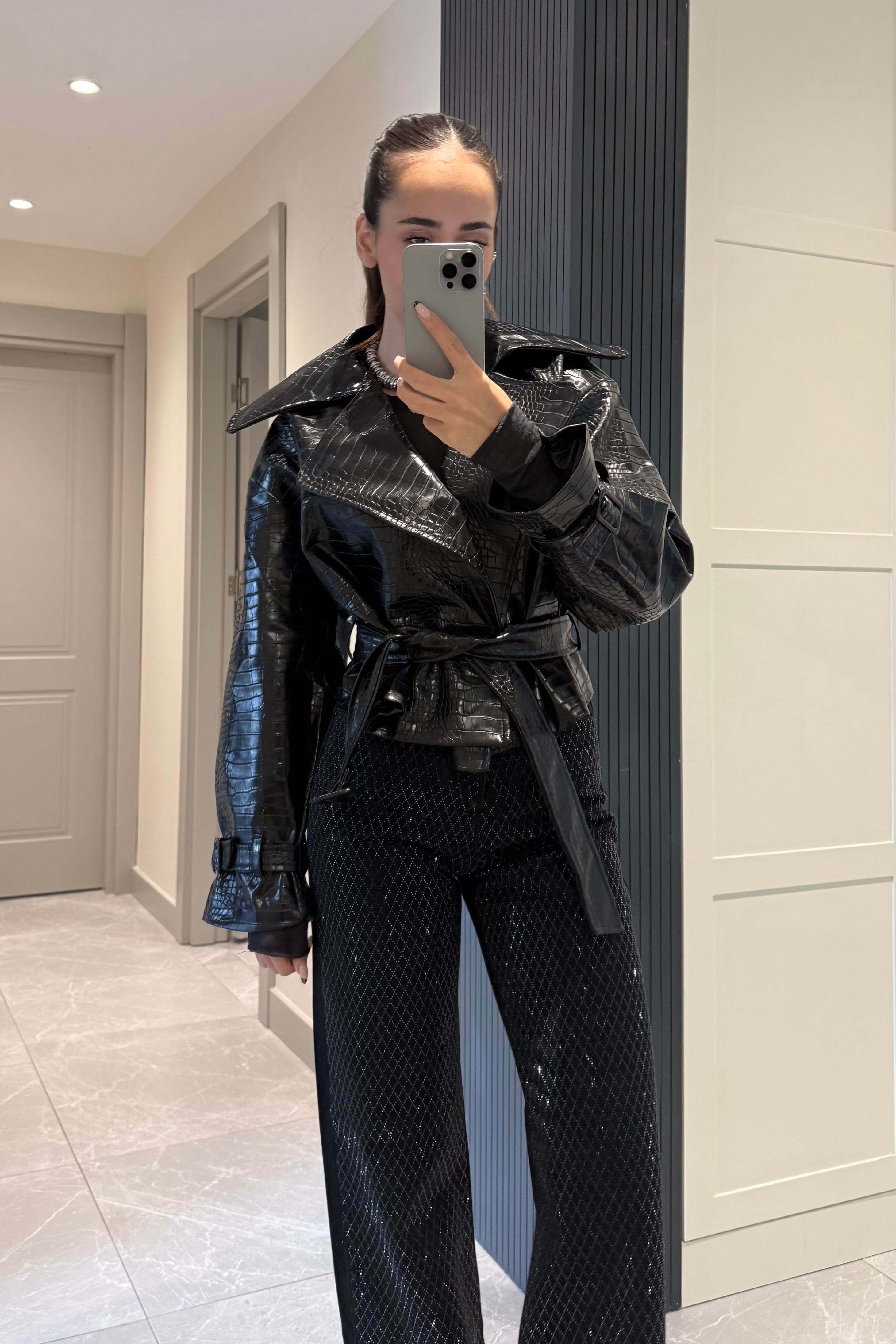 Siyah Crocodile Premium Deri Trençkot - Kadın Trench Coats Modelleri - Nazliye Moda | Kadın Giyim Modası
