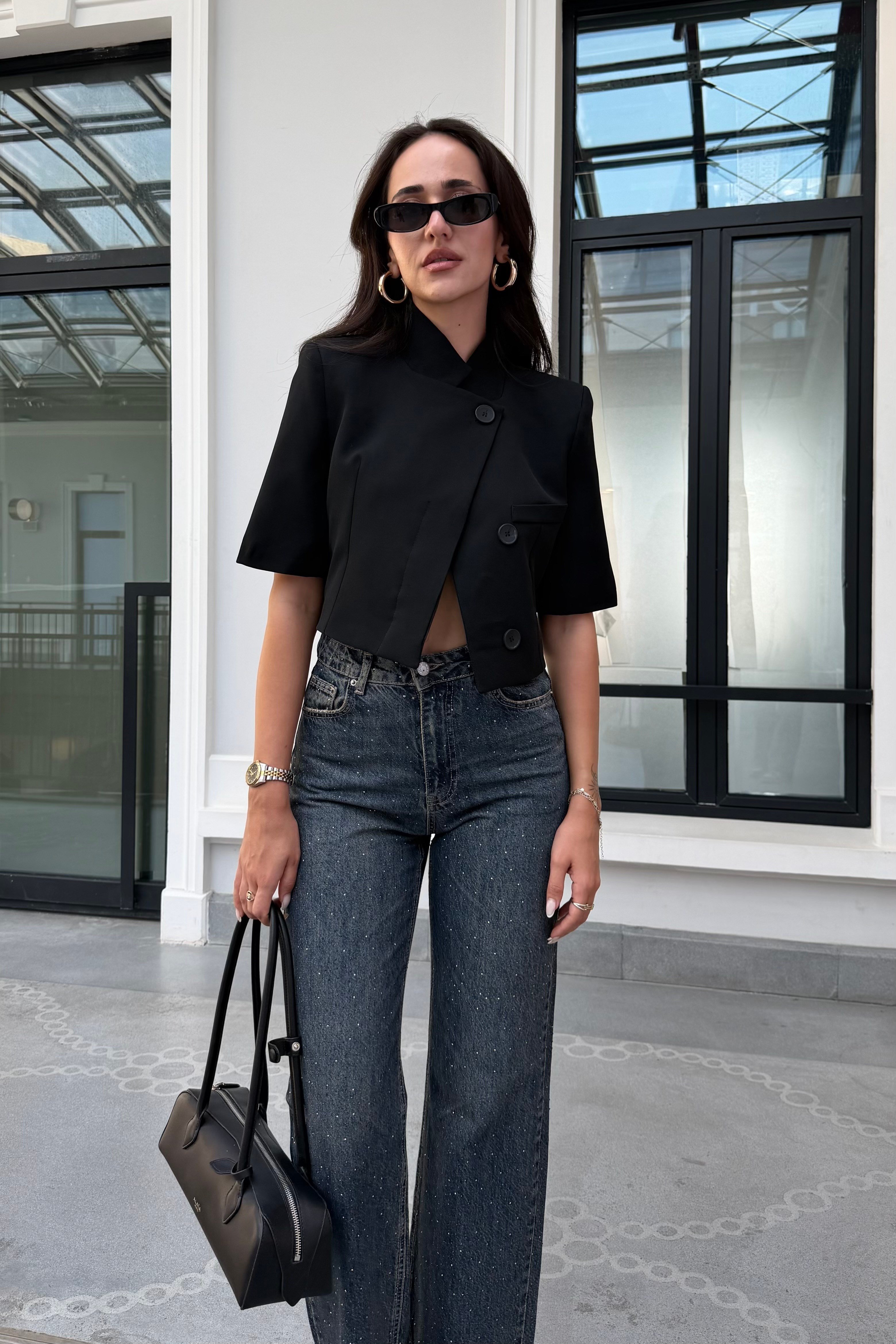 Siyah Crop Ceket - Kadın Jackets Modelleri - Nazliye Moda | Kadın Giyim Modası
