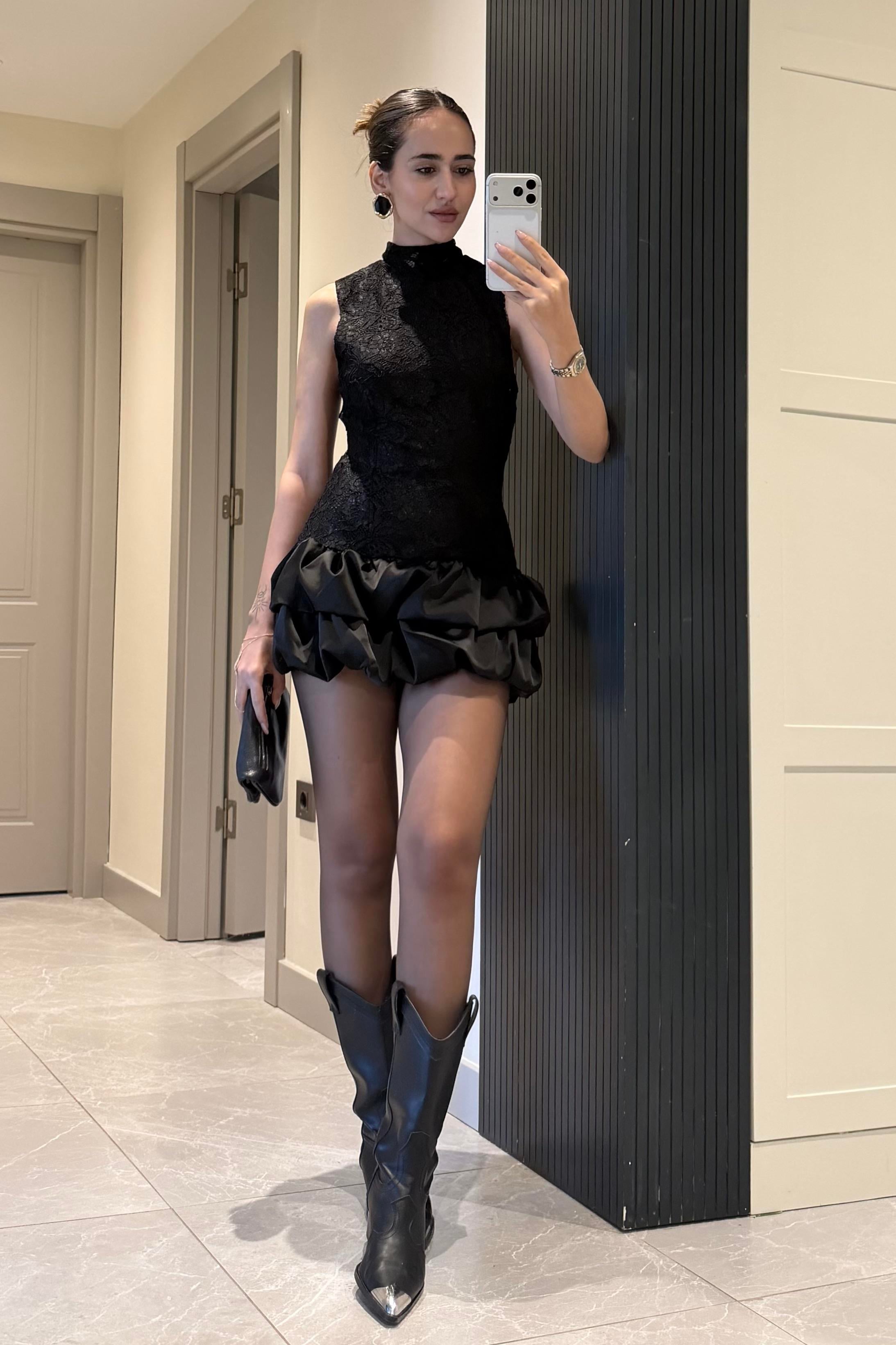 Siyah Dantelli Balon Mini Elbise - Kadın Dresses Modelleri - Nazliye Moda | Kadın Giyim Modası