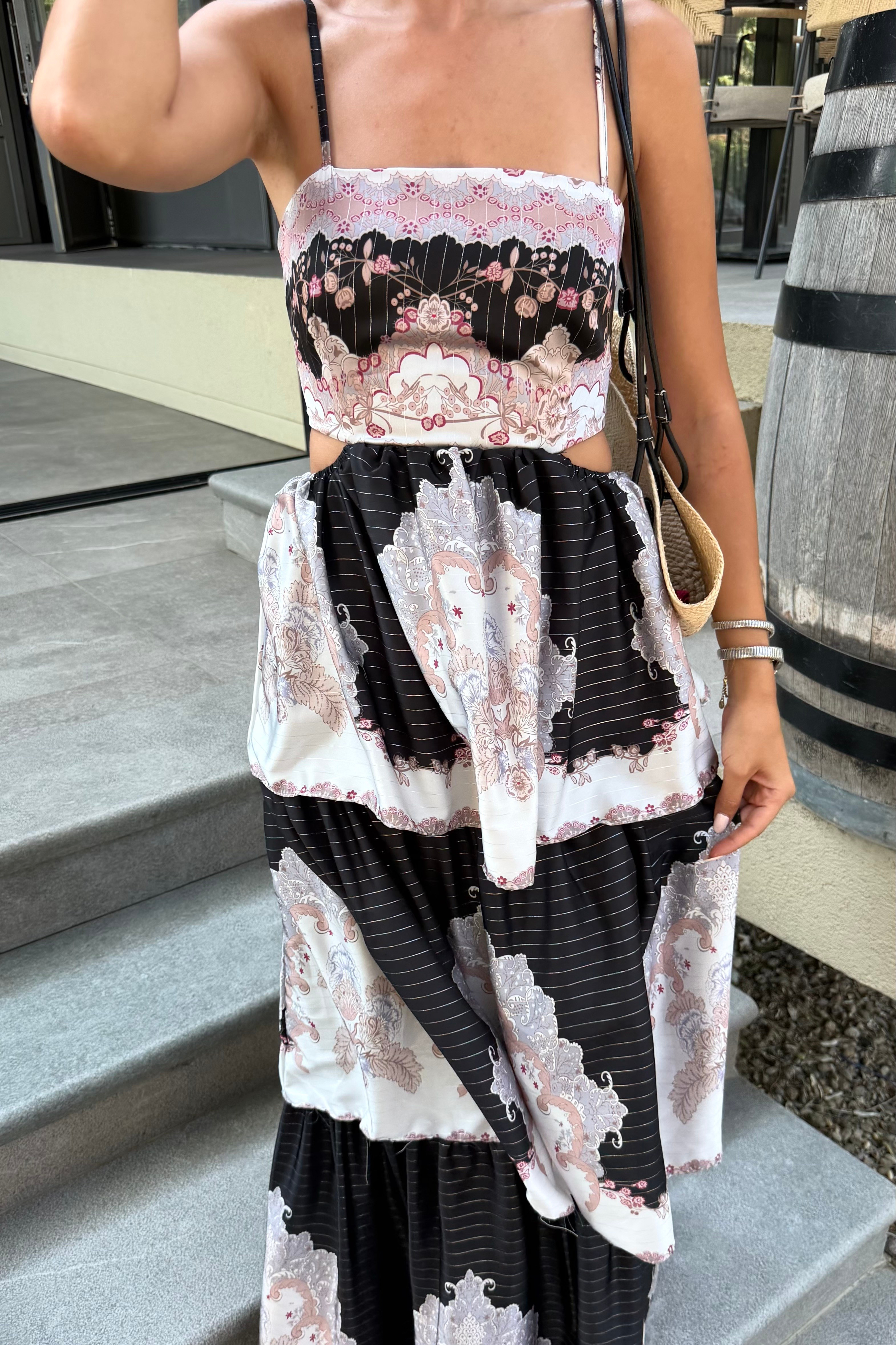 Siyah Etnik Desen Pencere Detay Elbise - Kadın Elbise Modelleri - Nazliye Moda | Kadın Giyim Modası