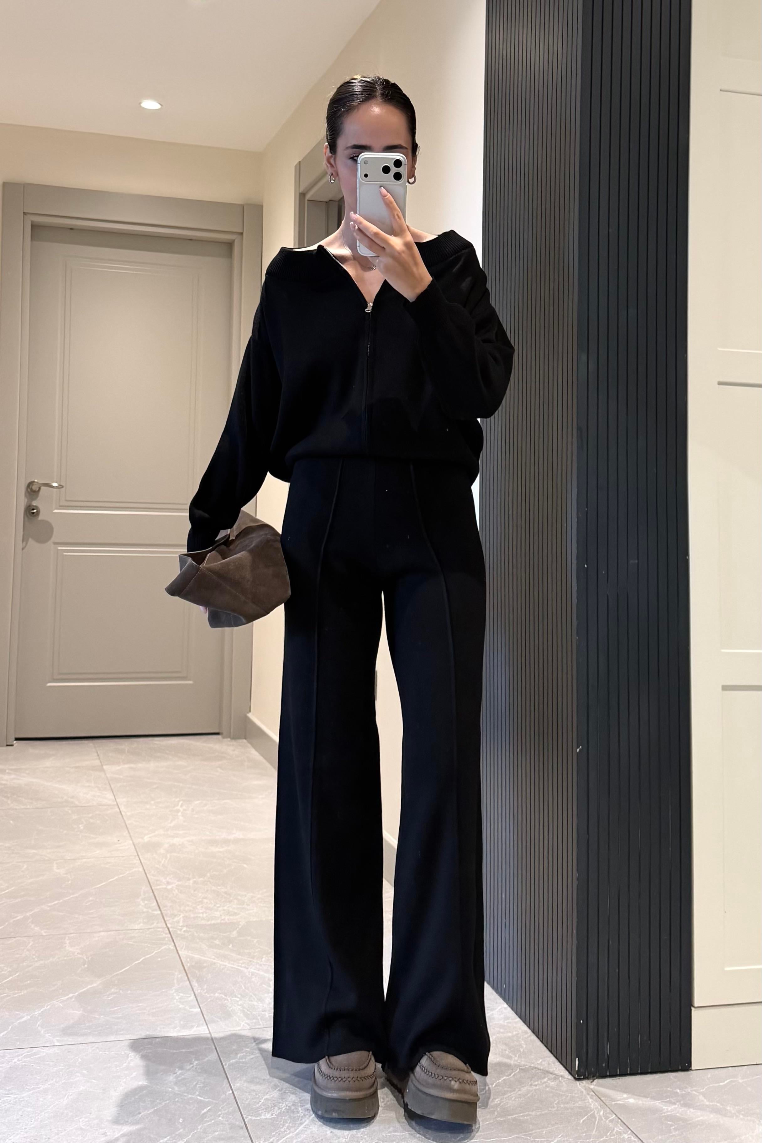 Siyah Fermuar Detaylı Triko Takım - Kadın Takım Modelleri - Nazliye Moda | Kadın Giyim Modası