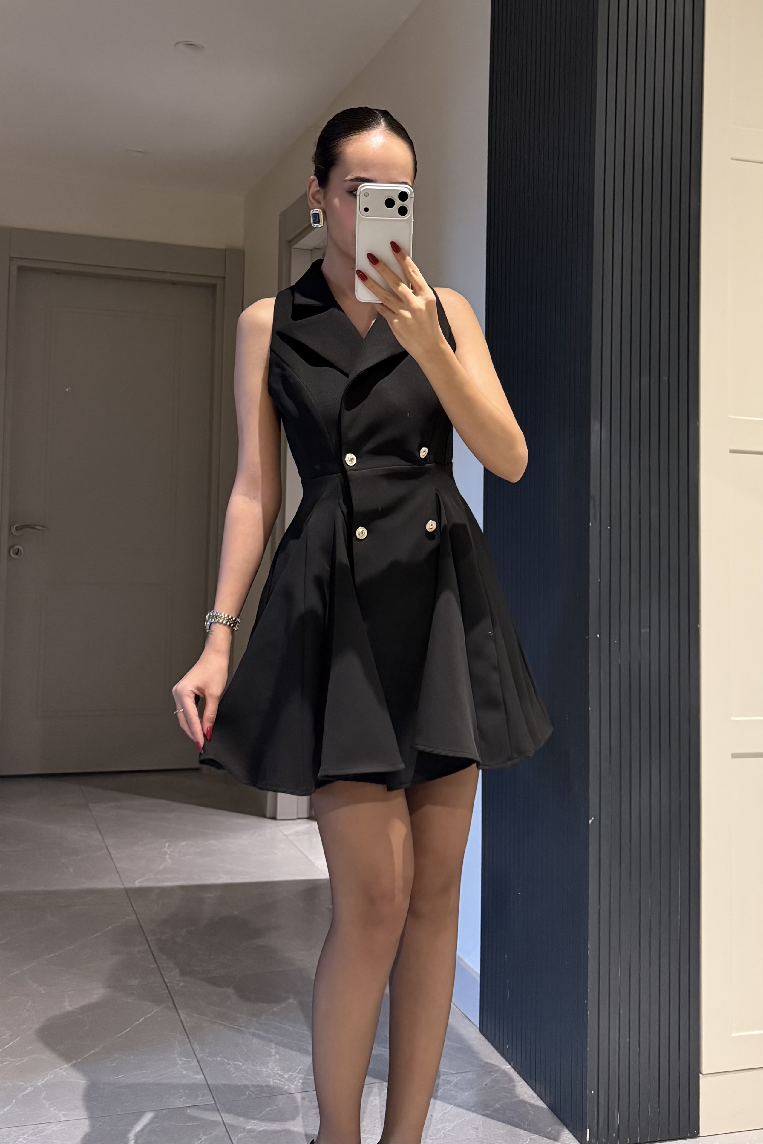 Siyah Gold Düğmeli Mini Elbise - Kadın Elbise Modelleri - Nazliye Moda | Kadın Giyim Modası