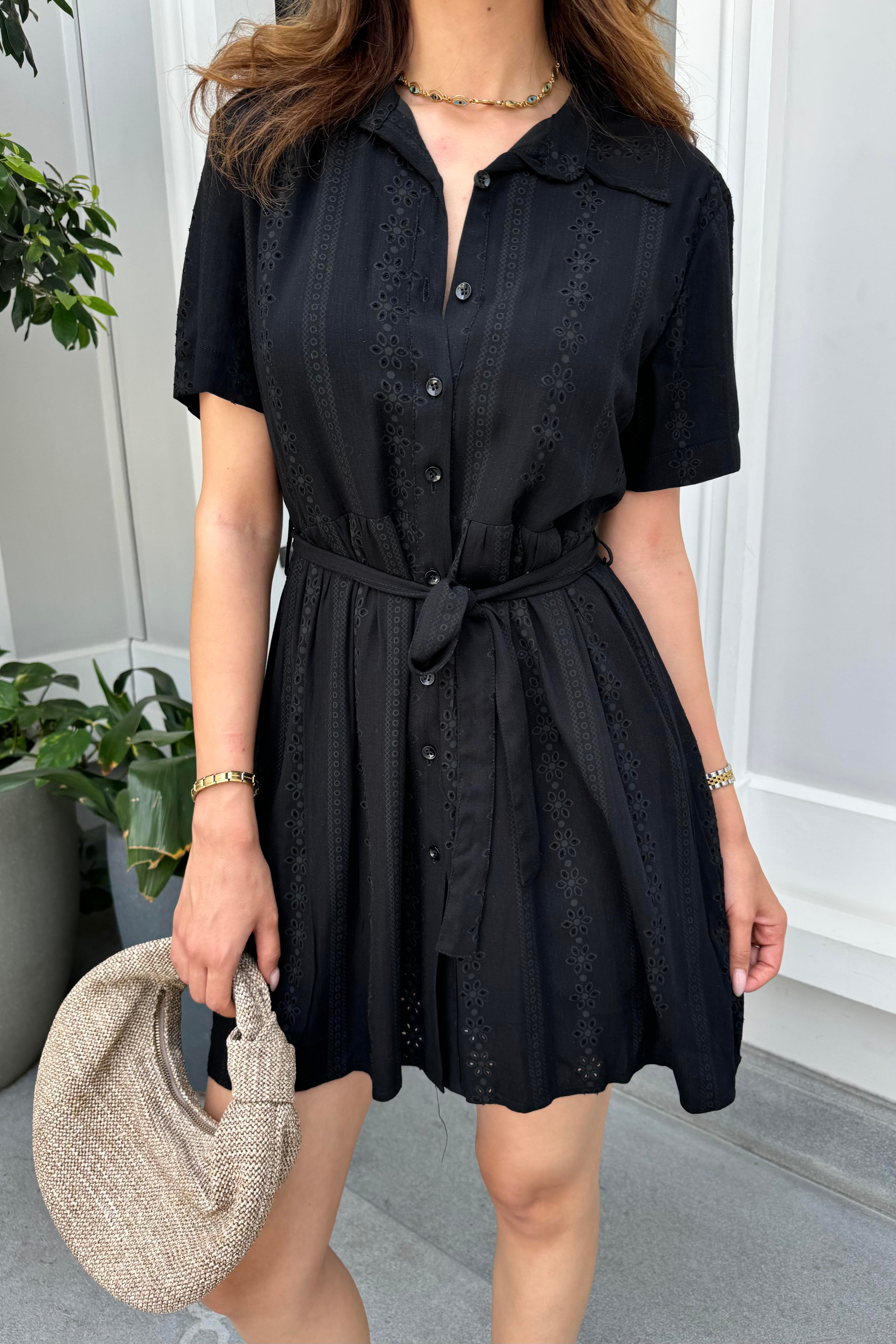 Siyah Güpürlü Mini Gömlek Elbise - Kadın Dresses Modelleri - Nazliye Moda - Kadın Giyim Modası