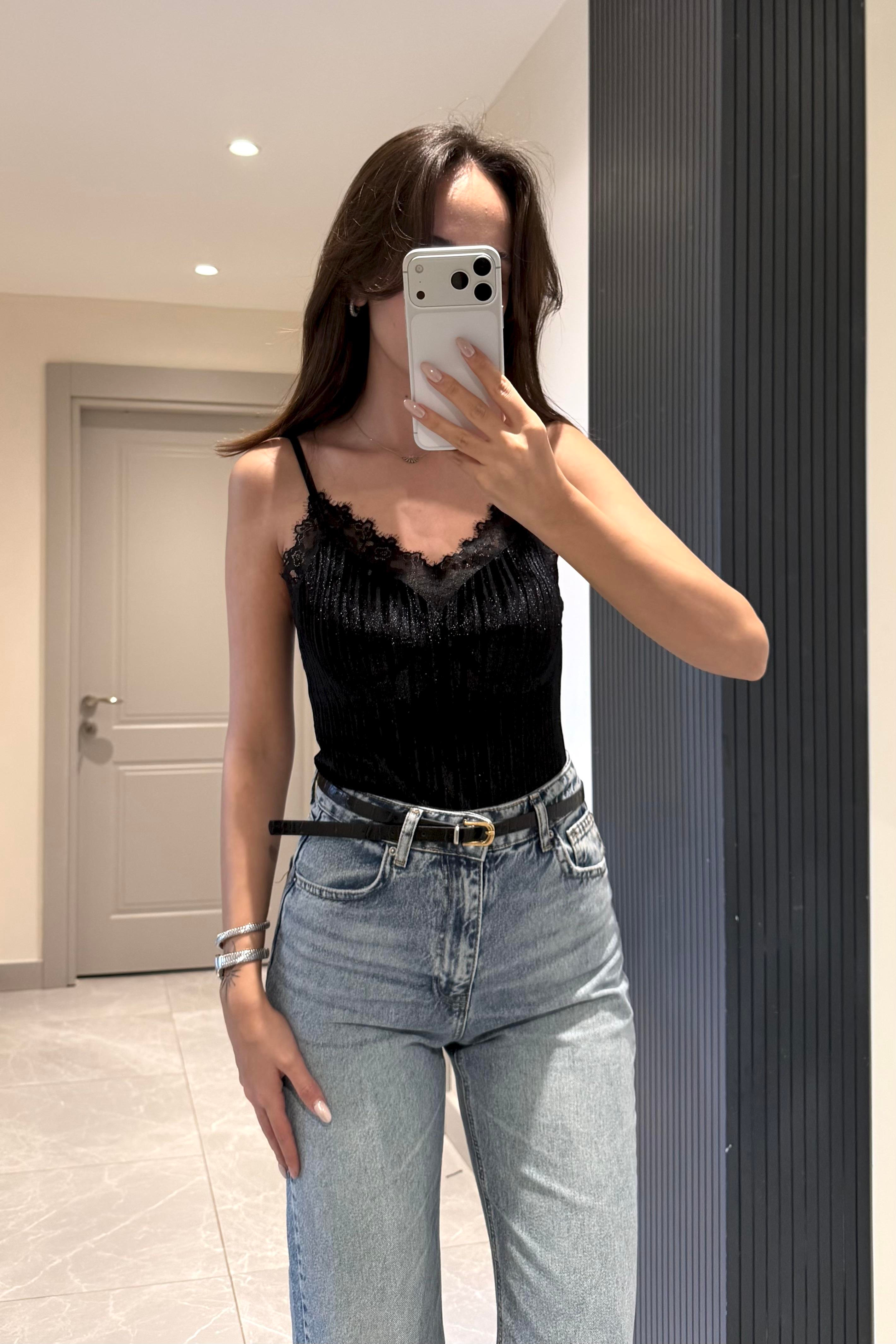 Siyah İp Askı Dantelli Bluz - Kadın Blouses Modelleri - Nazliye Moda | Kadın Giyim Modası
