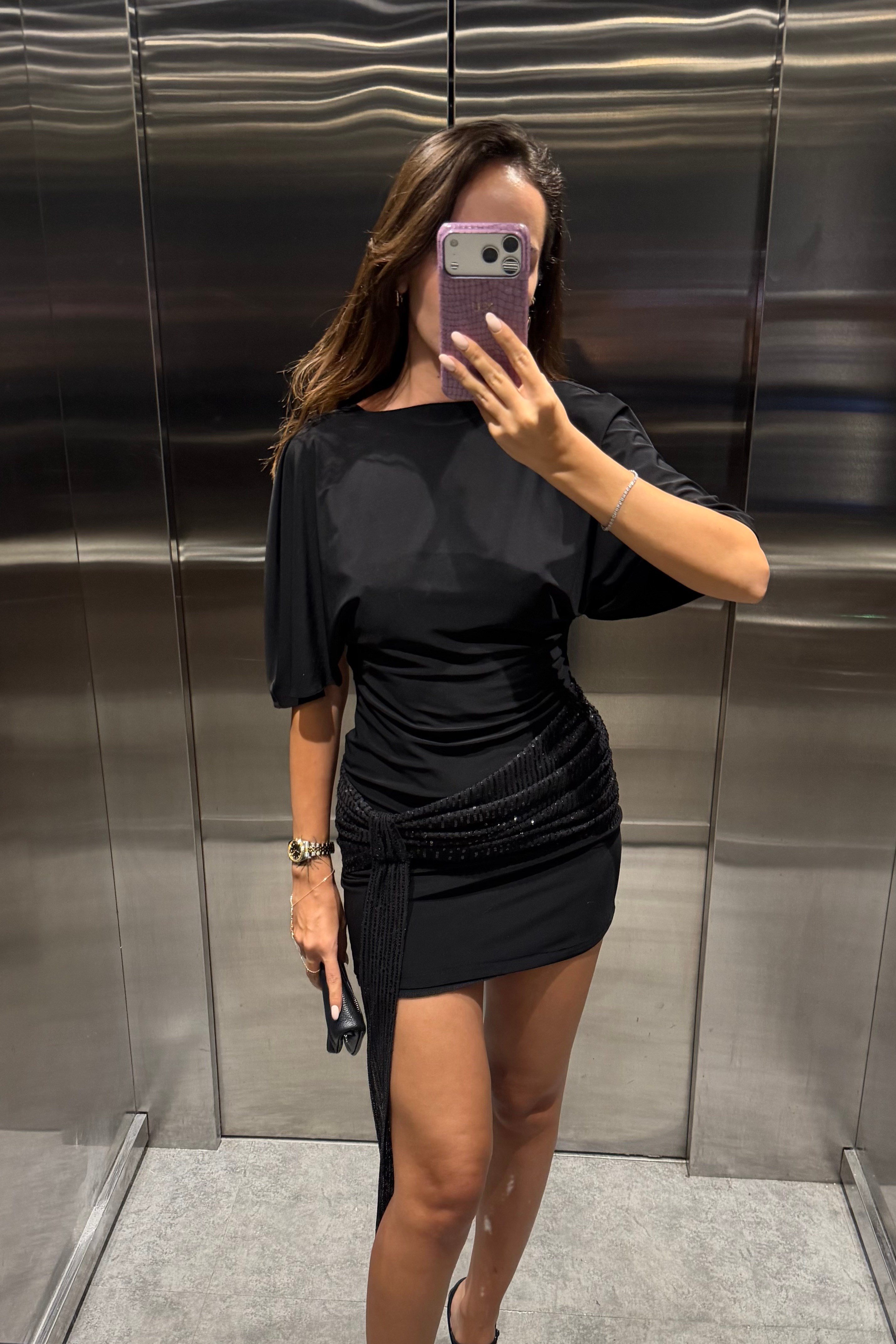 Siyah Kontrast Pullu Mini Elbise - Kadın Dresses Modelleri - Nazliye Moda | Kadın Giyim Modası