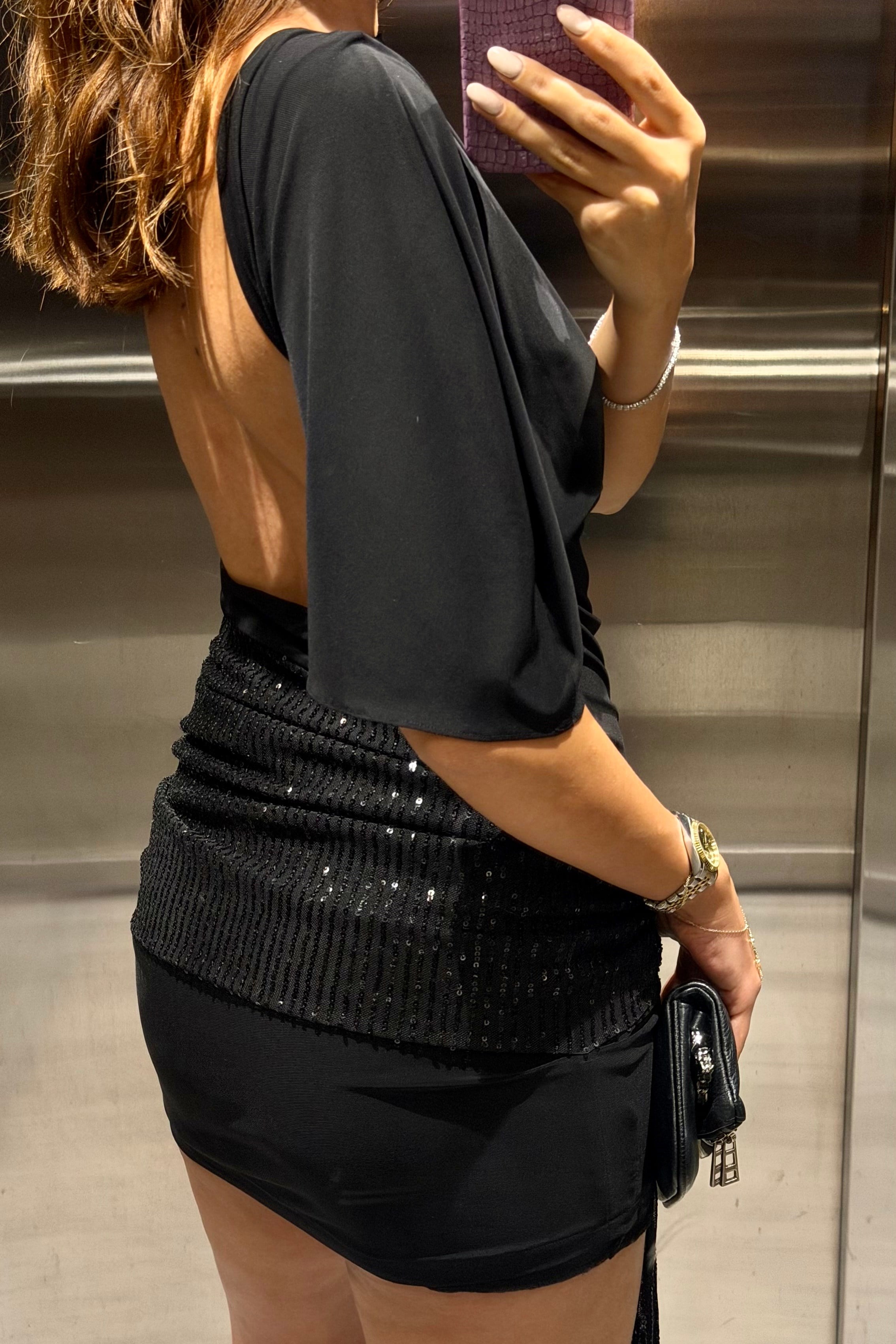 Siyah Kontrast Pullu Mini Elbise - Kadın Dresses Modelleri - Nazliye Moda | Kadın Giyim Modası