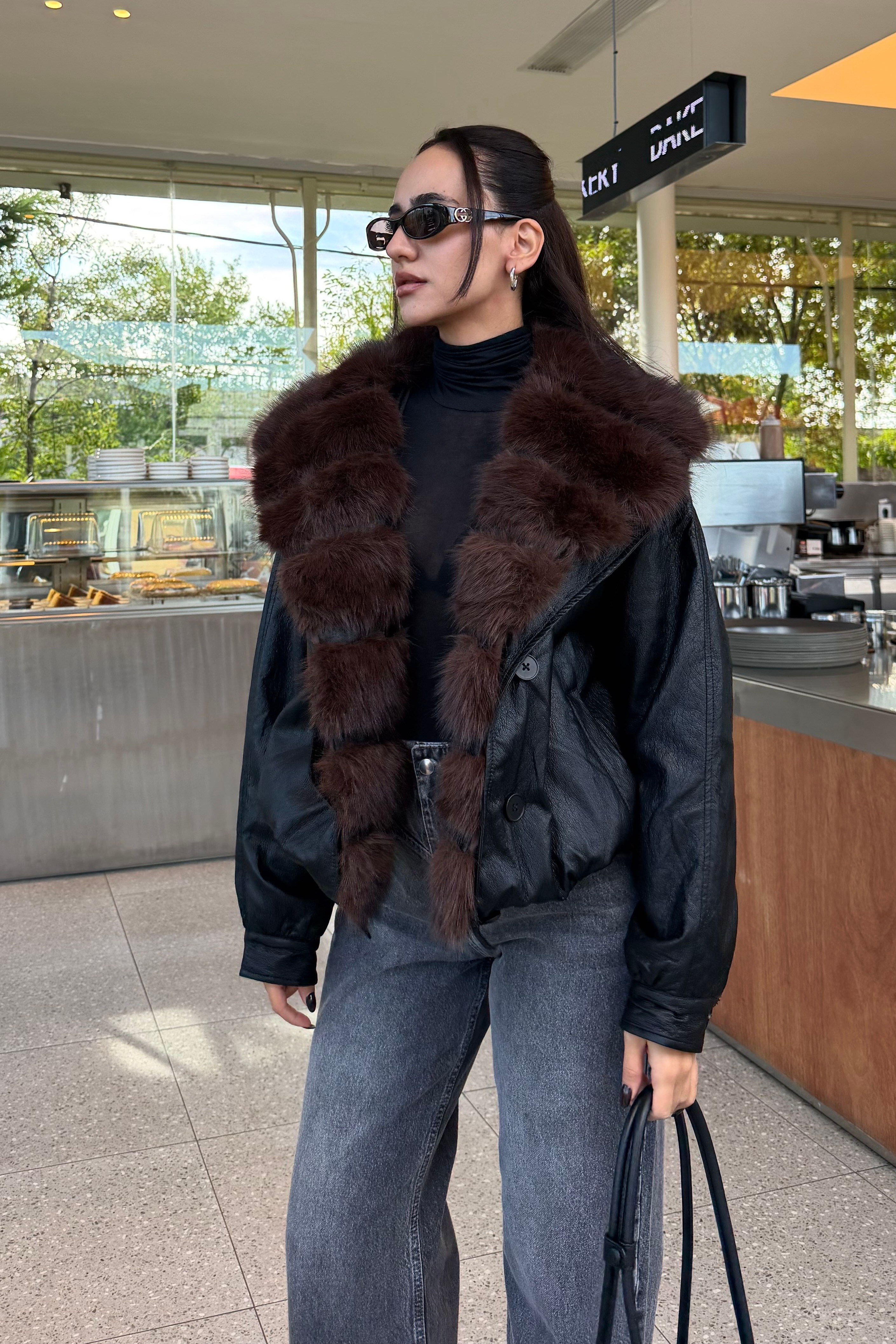 Siyah Kürk Detay Deri Mont - Kadın Mont Modelleri - Nazliye Moda | Kadın Giyim Modası