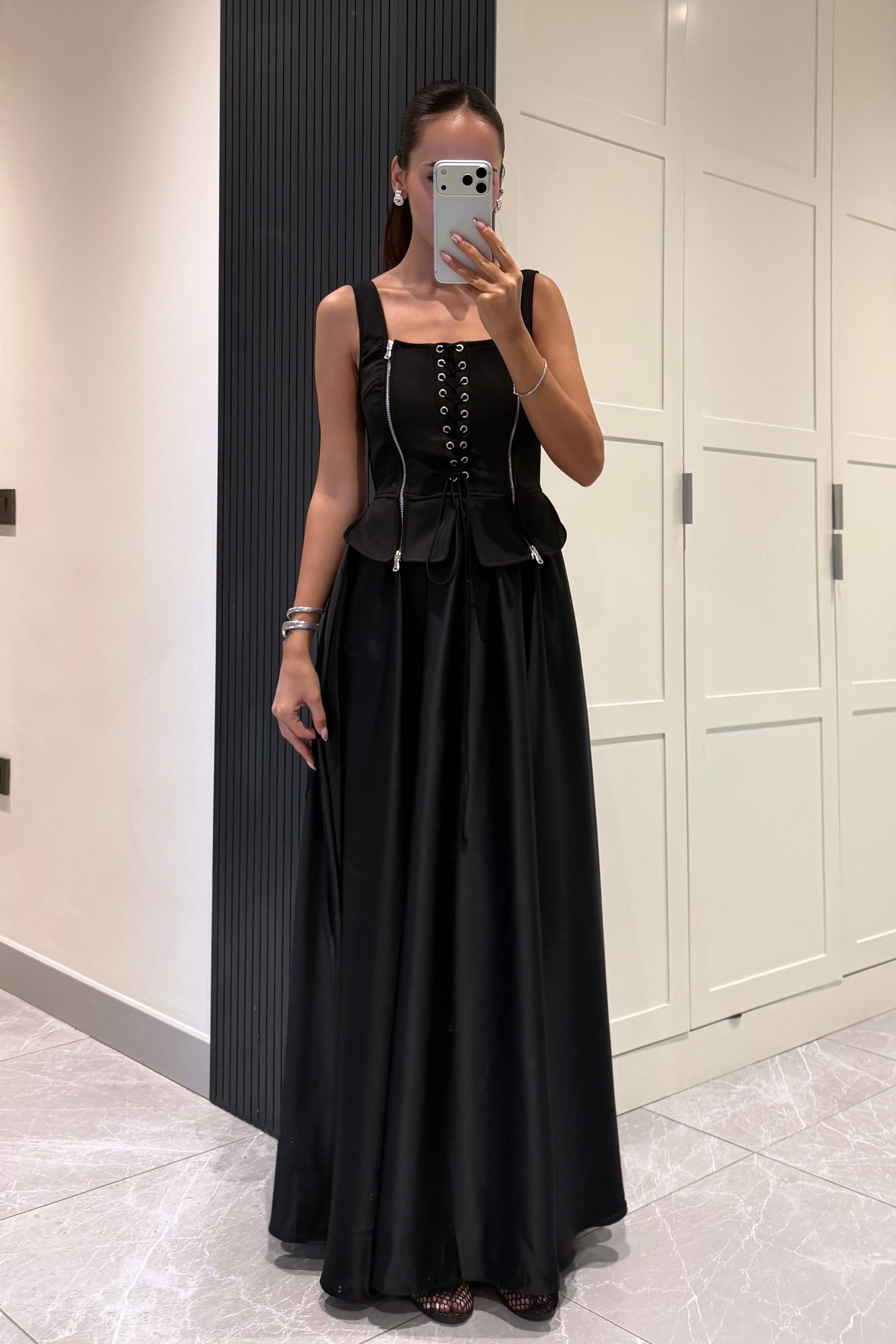 Siyah Kuş Gözü Detay Saten Elbise - Kadın Elbise Modelleri - Nazliye Moda | Kadın Giyim Modası