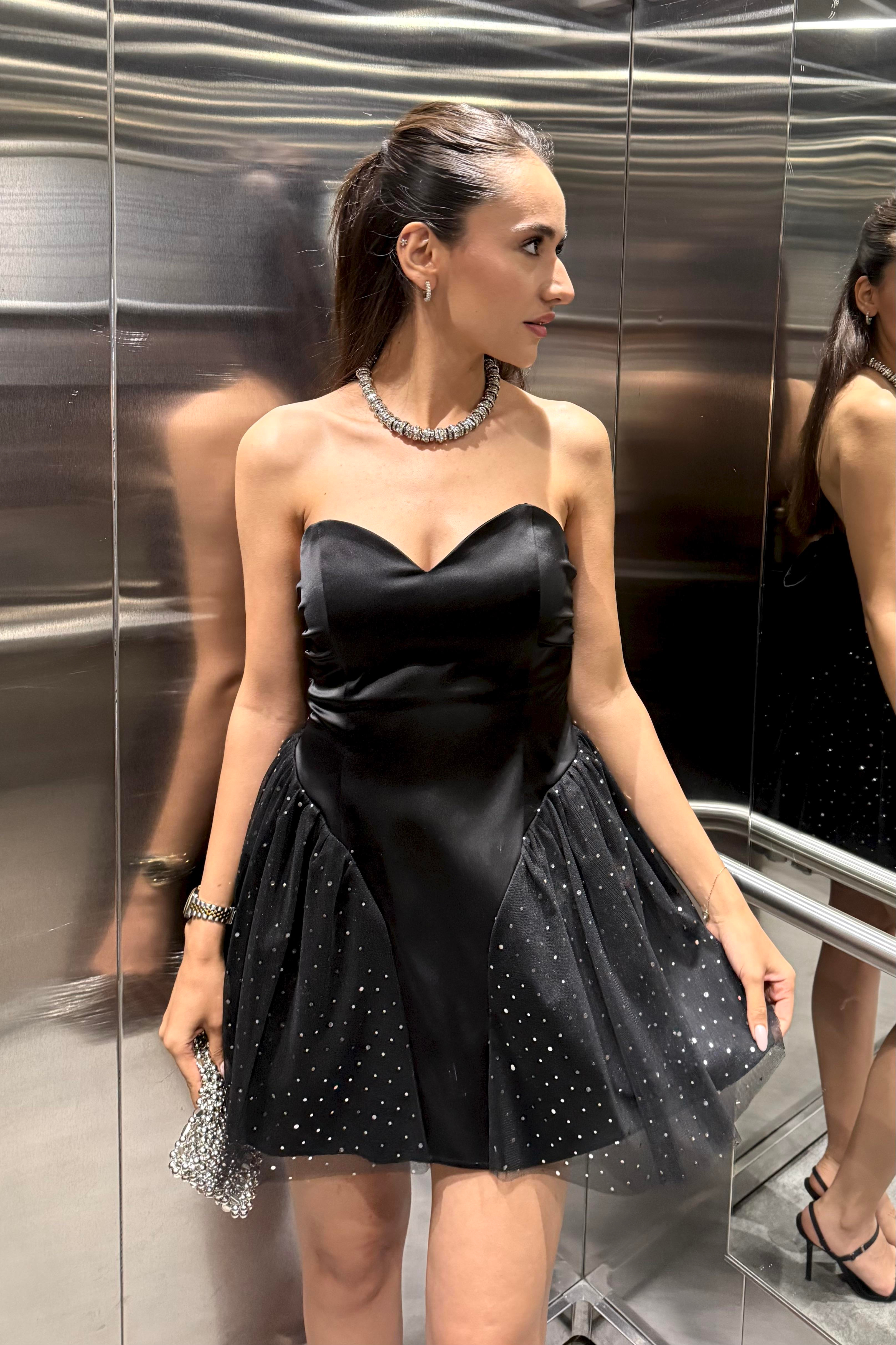 Siyah Payetli Saten Mini Elbise - Kadın Elbise Modelleri - Nazliye Moda | Kadın Giyim Modası