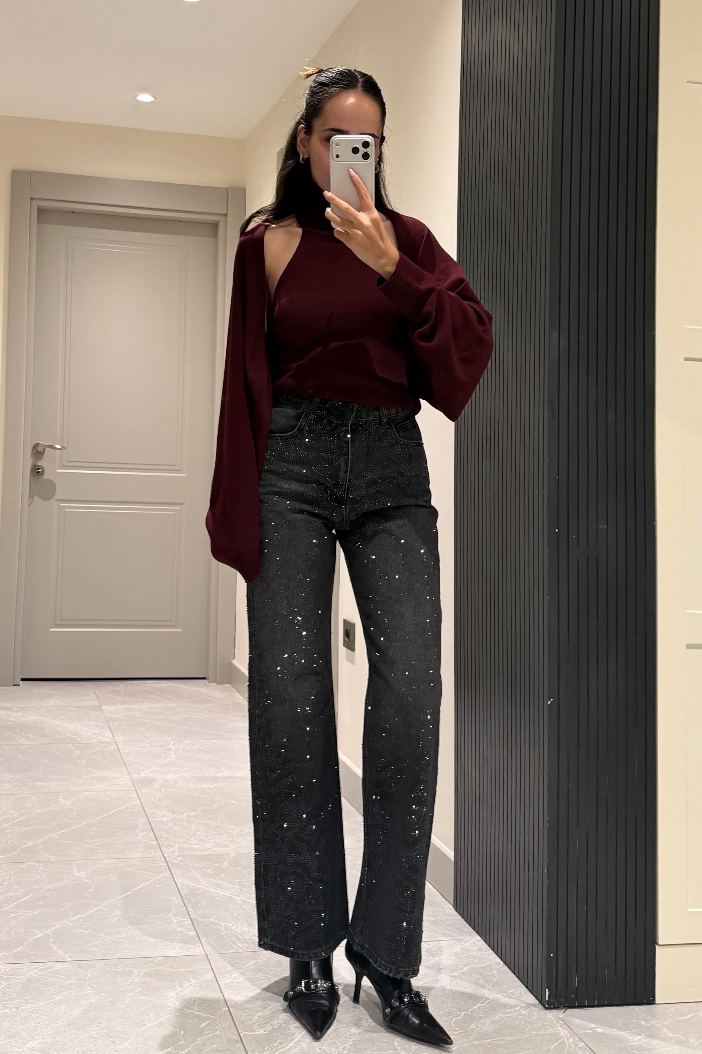 Siyah Premium Ön Arka Desenli Taşlı Jean - Kadın Jeans Modelleri - Nazliye Moda | Kadın Giyim Modası