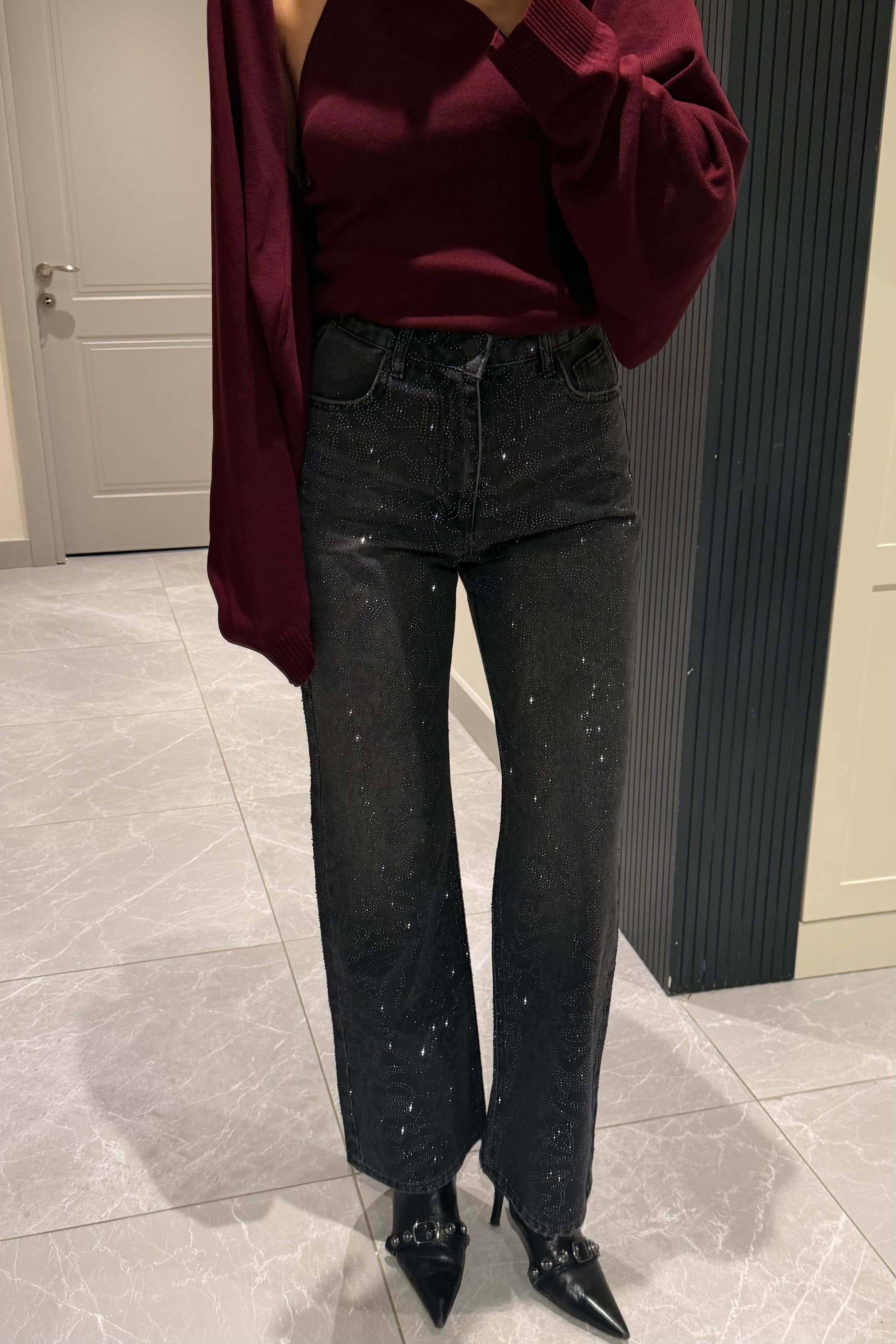 Siyah Premium Ön Arka Desenli Taşlı Jean - Kadın Jeans Modelleri - Nazliye Moda | Kadın Giyim Modası