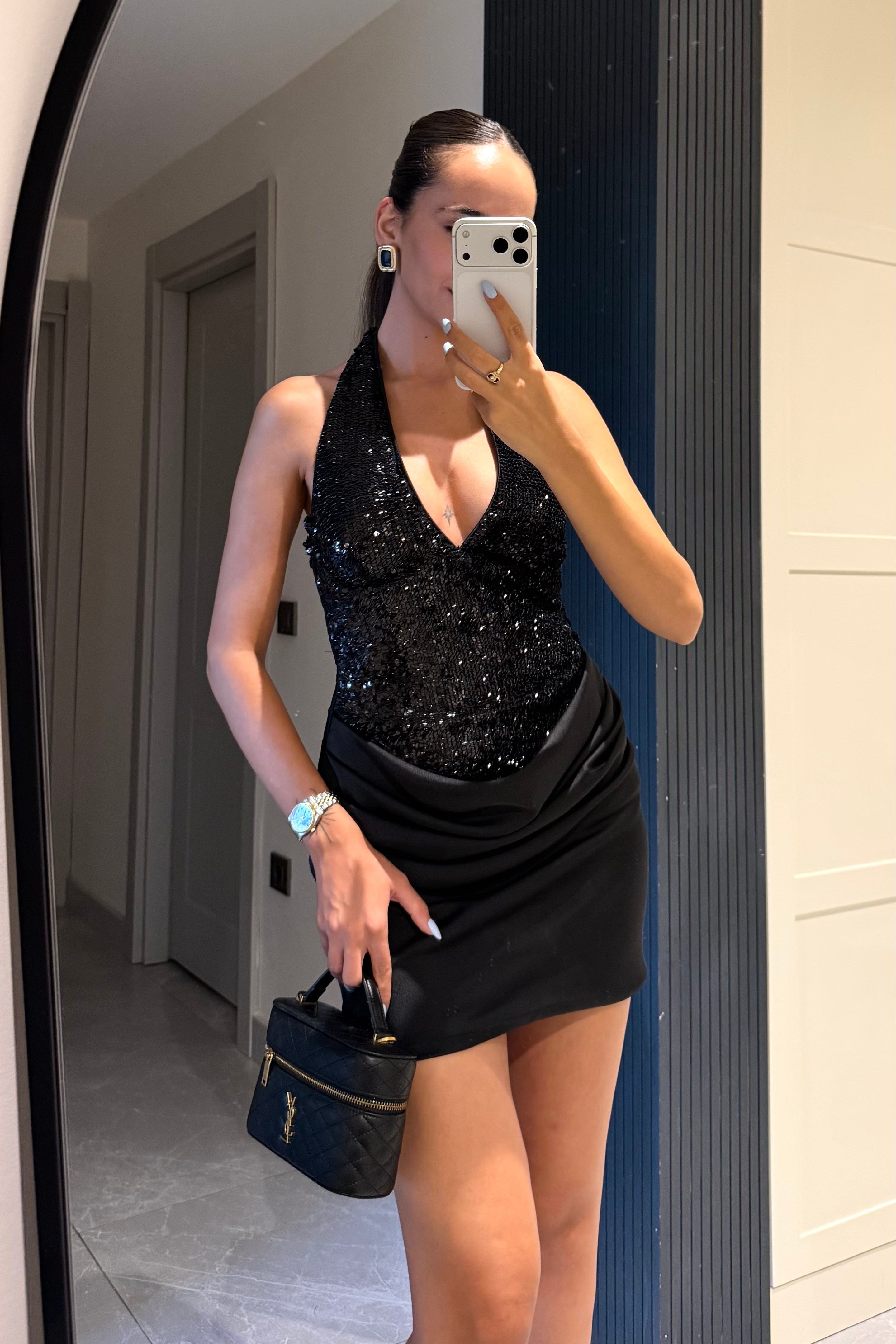 Siyah Premium Payetli Saten Mini Elbise - Kadın Elbise Modelleri - Nazliye Moda | Kadın Giyim Modası