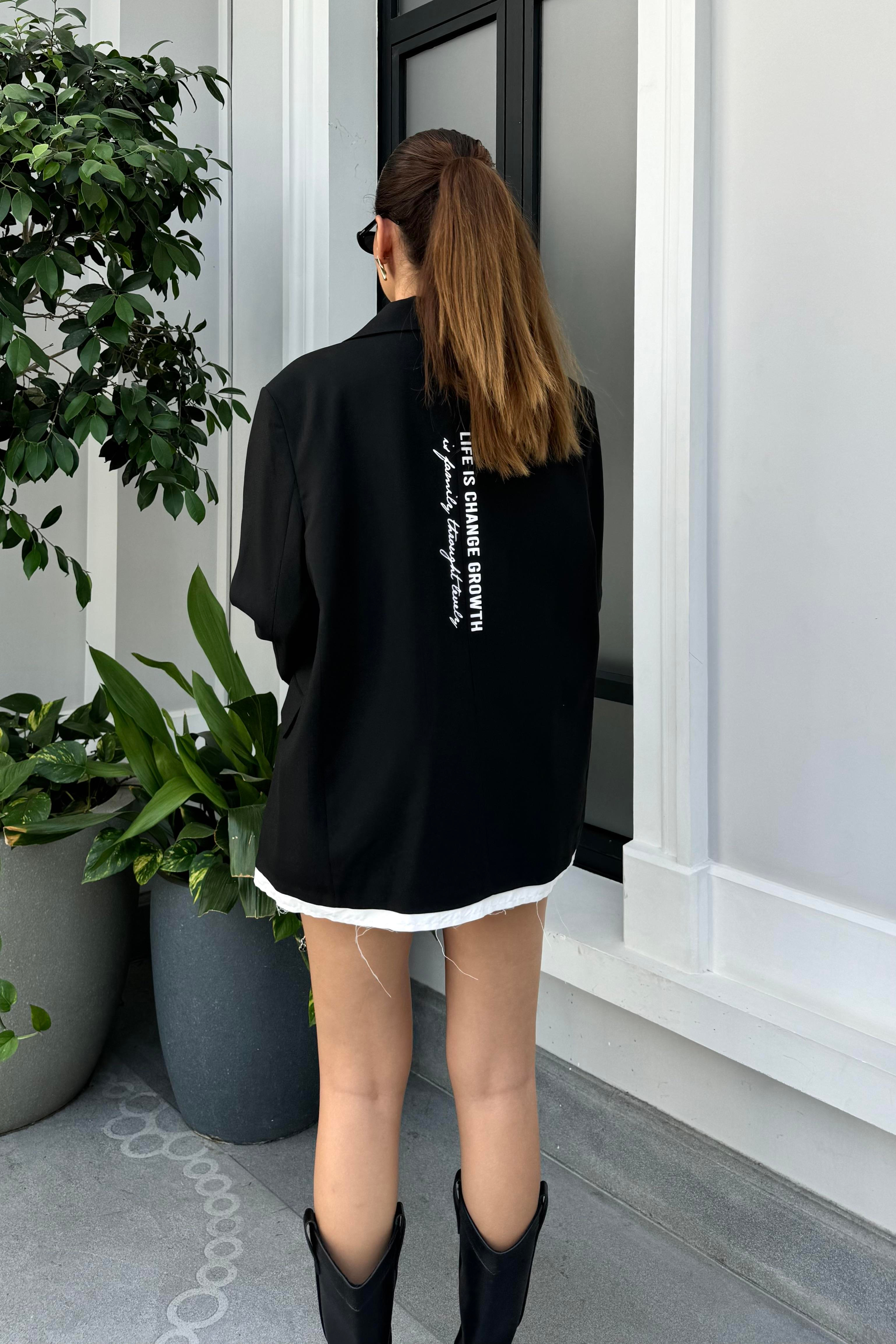 Siyah Sırt Baskı Oversize Blazer Ceket - Kadın Blazer Ceket Modelleri - Nazliye Moda | Kadın Giyim Modası