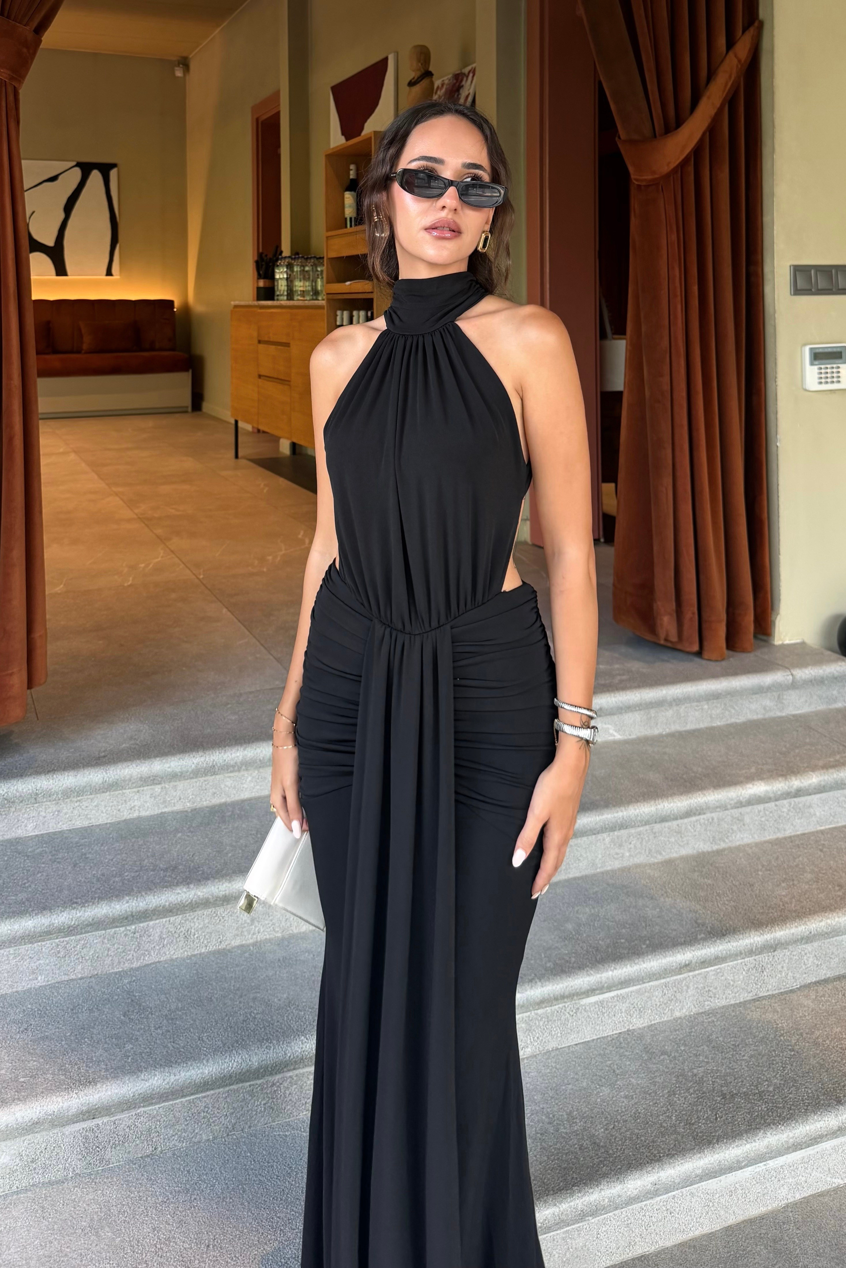 Siyah Sırt Dekolte Drape Elbise - Kadın Elbise Modelleri - Nazliye Moda | Kadın Giyim Modası