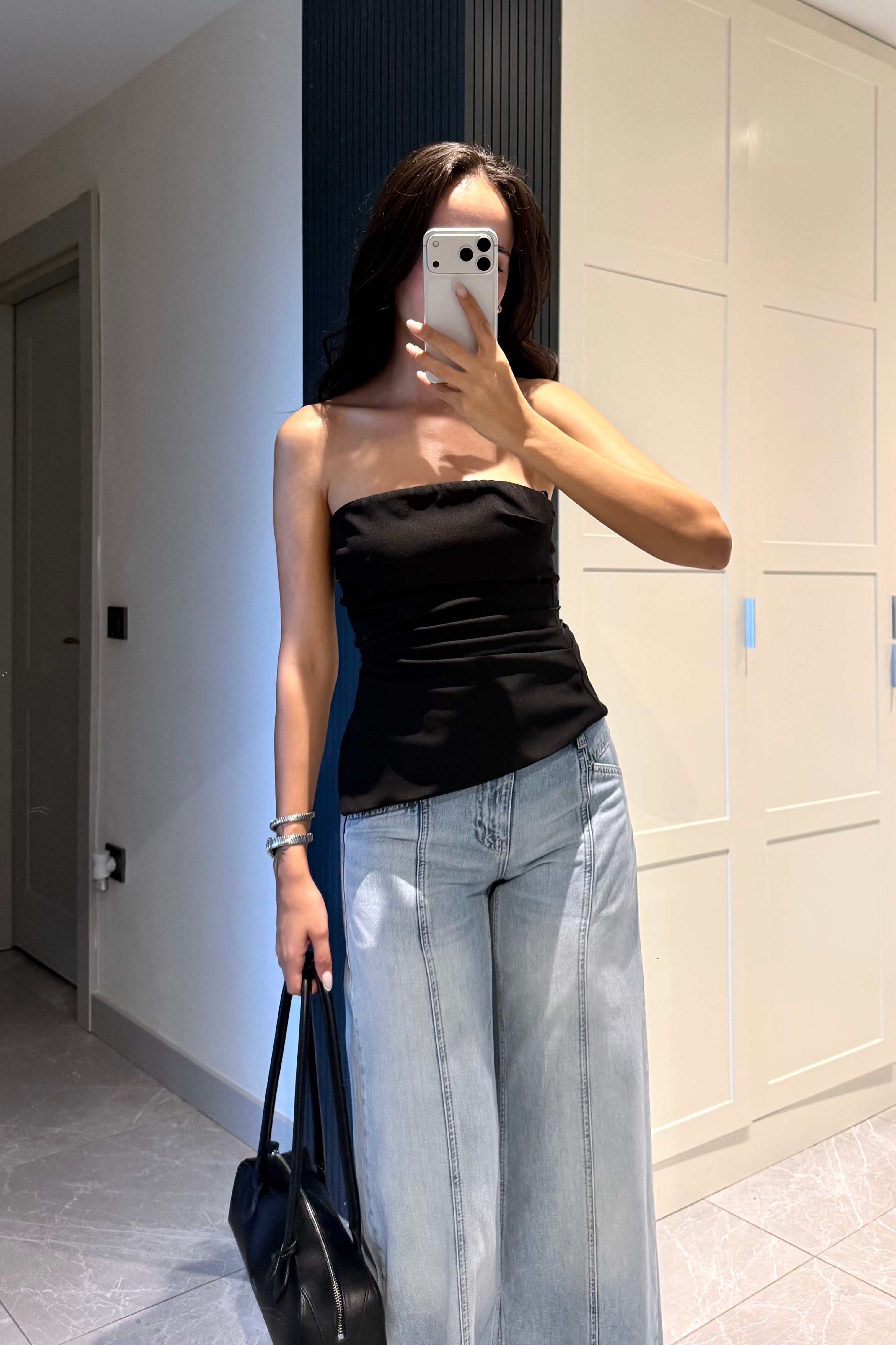 Siyah Straplez Asimetrik Bluz - Kadın Bluz Modelleri - Nazliye Moda | Kadın Giyim Modası