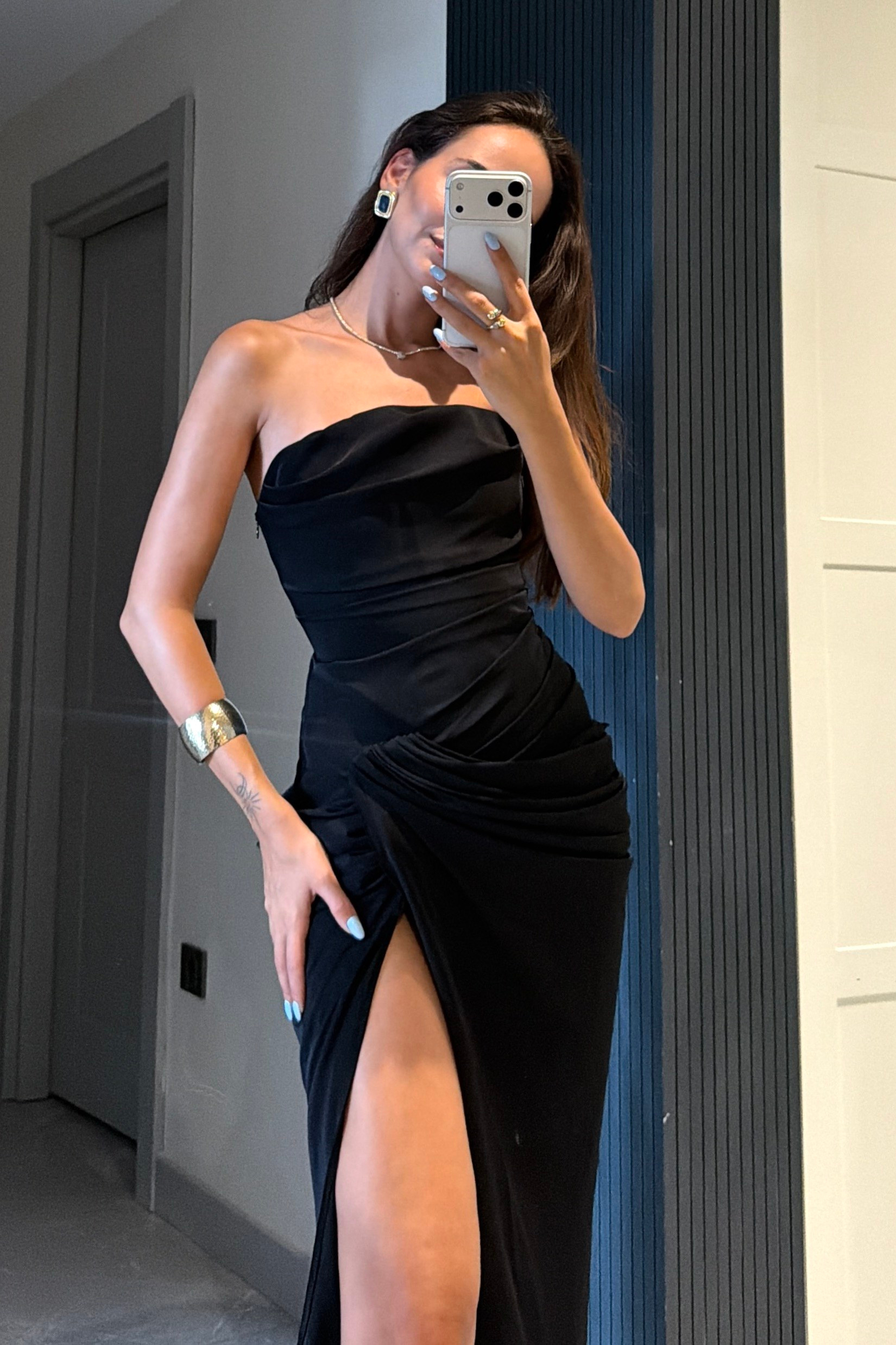 Siyah Straplez Yırtmaçlı Korse Elbise - Kadın Elbise Modelleri - Nazliye Moda | Kadın Giyim Modası