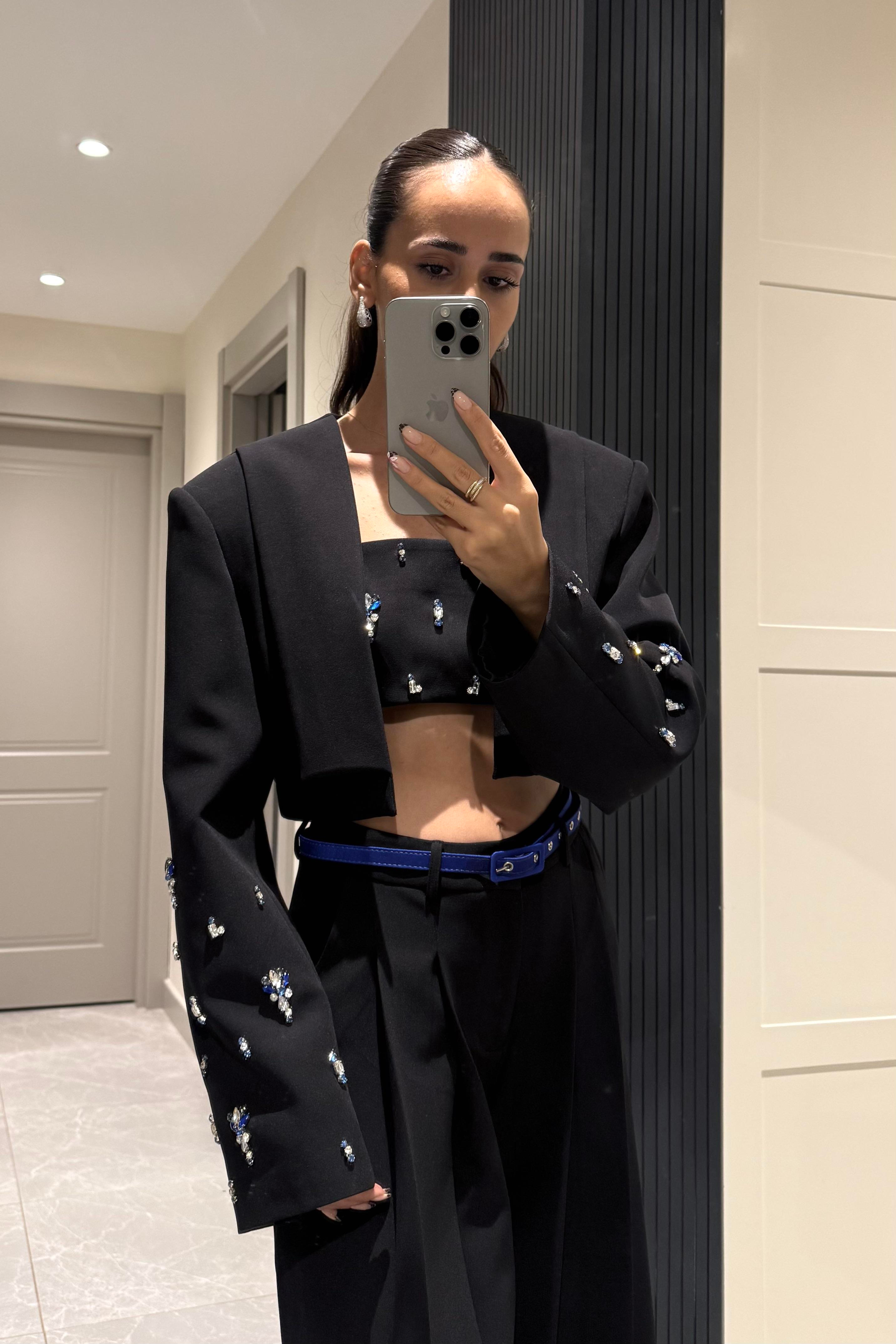 Siyah Taş İşleme Premium Blazer Ceket - Kadın Blazer Ceket Modelleri - Nazliye Moda | Kadın Giyim Modası