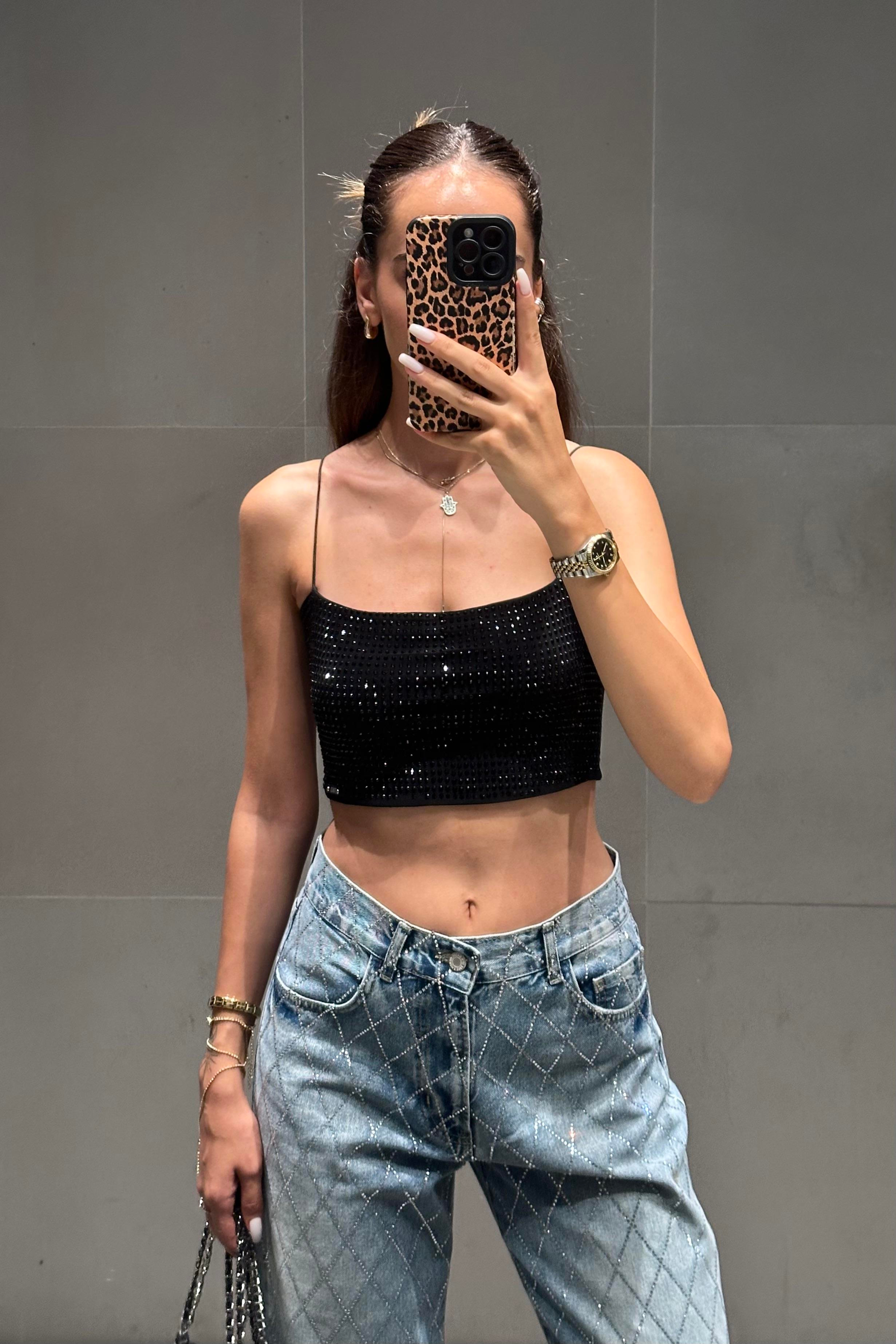 Siyah Taşlı Crop Büstiyer - Kadın Bustiers Modelleri - Nazliye Moda | Kadın Giyim Modası