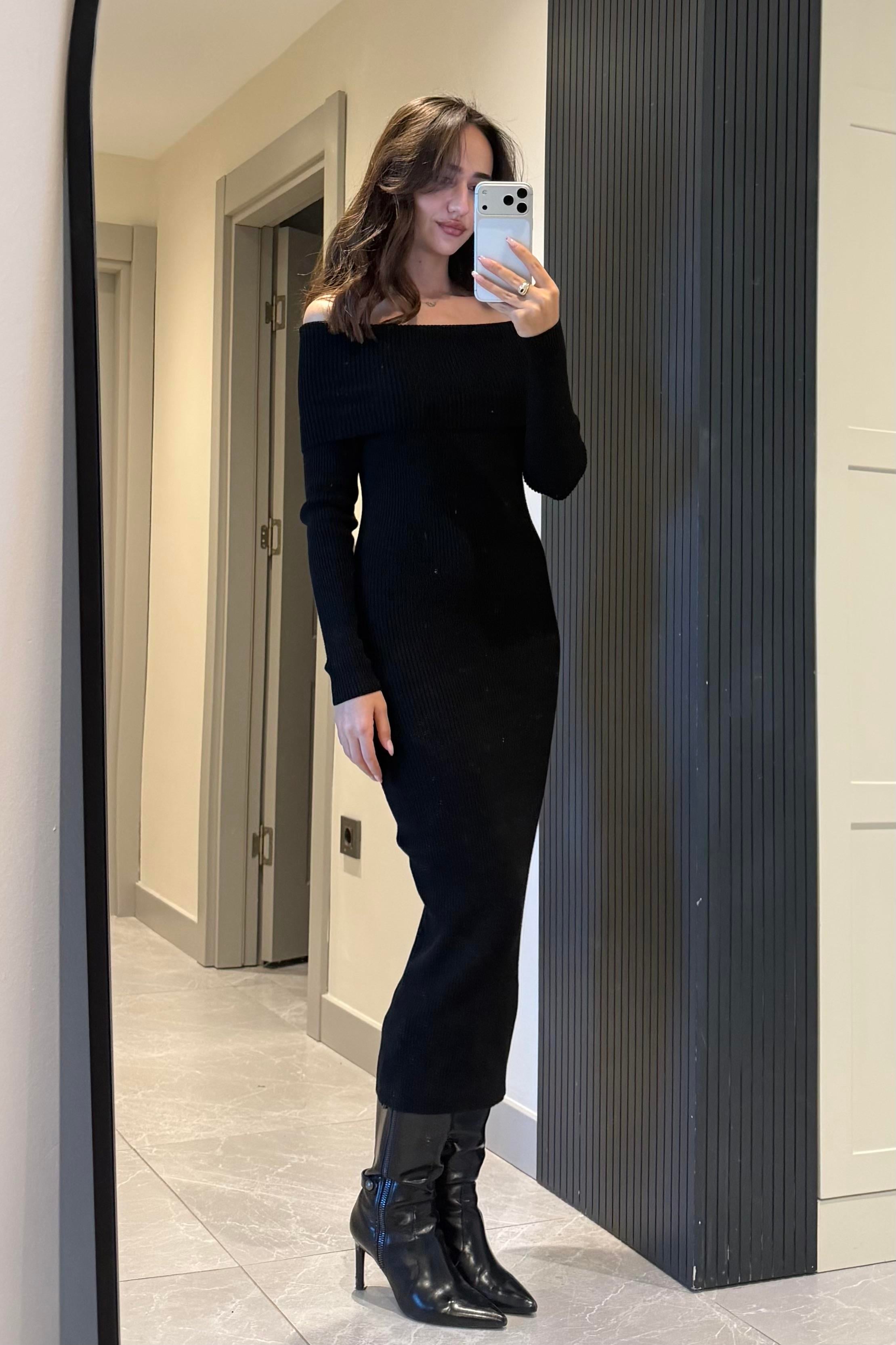 Siyah Triko Uzun Elbise - Kadın Elbise Modelleri - Nazliye Moda | Kadın Giyim Modası