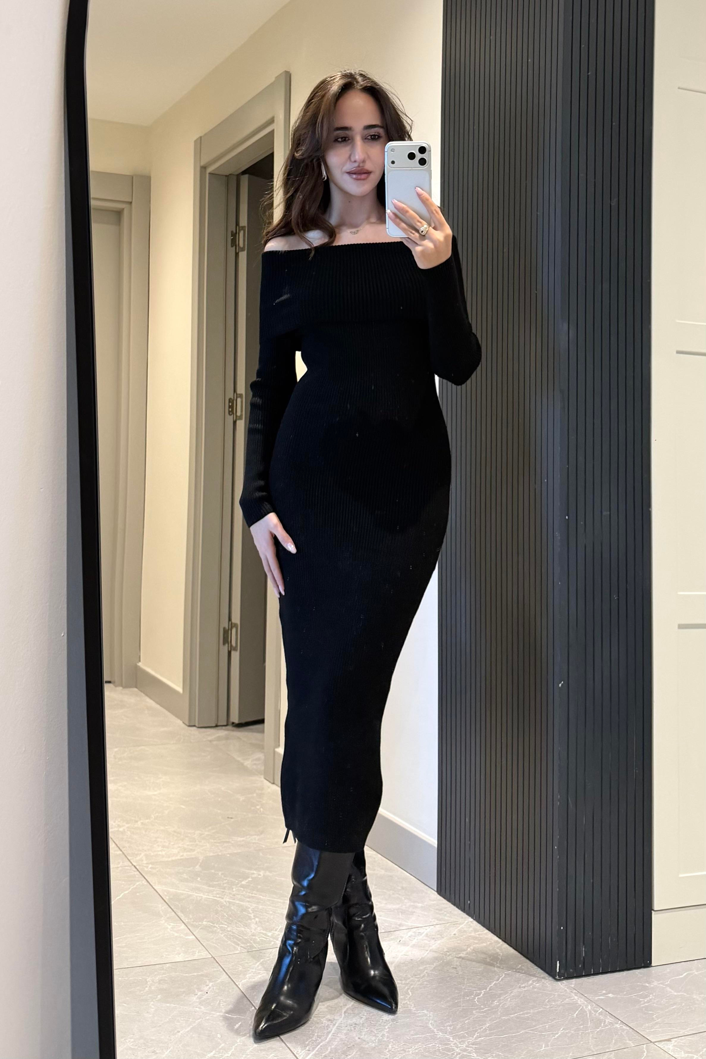Siyah Triko Uzun Elbise - Kadın Elbise Modelleri - Nazliye Moda | Kadın Giyim Modası