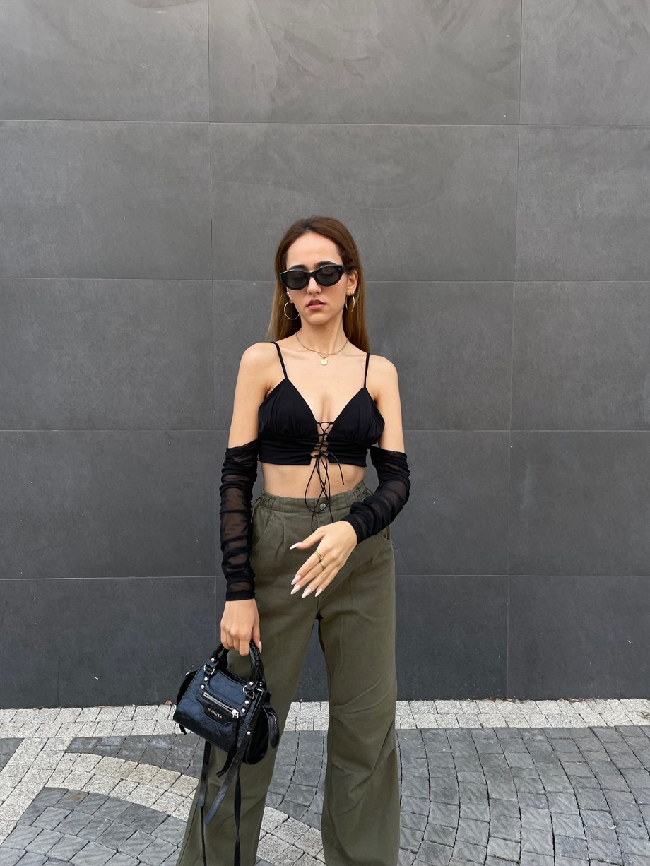 Siyah Tül Kol Dekolte Crop - Kadın Body & Crop Modelleri - Nazliye Moda | Kadın Giyim Modası