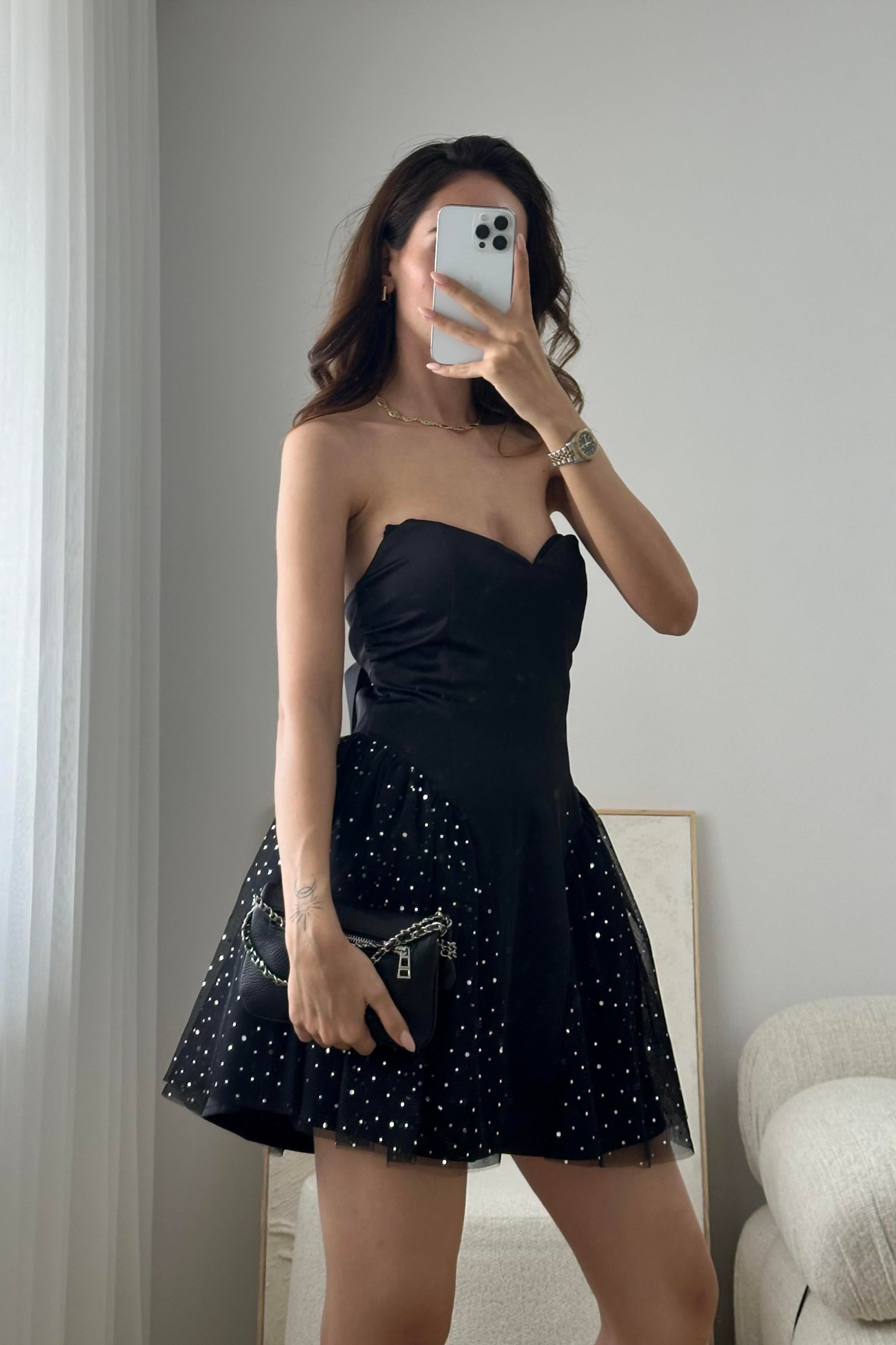 Siyah Tüllü Saten Mini Elbise - Kadın Dresses Modelleri - Nazliye Moda - Kadın Giyim Modası
